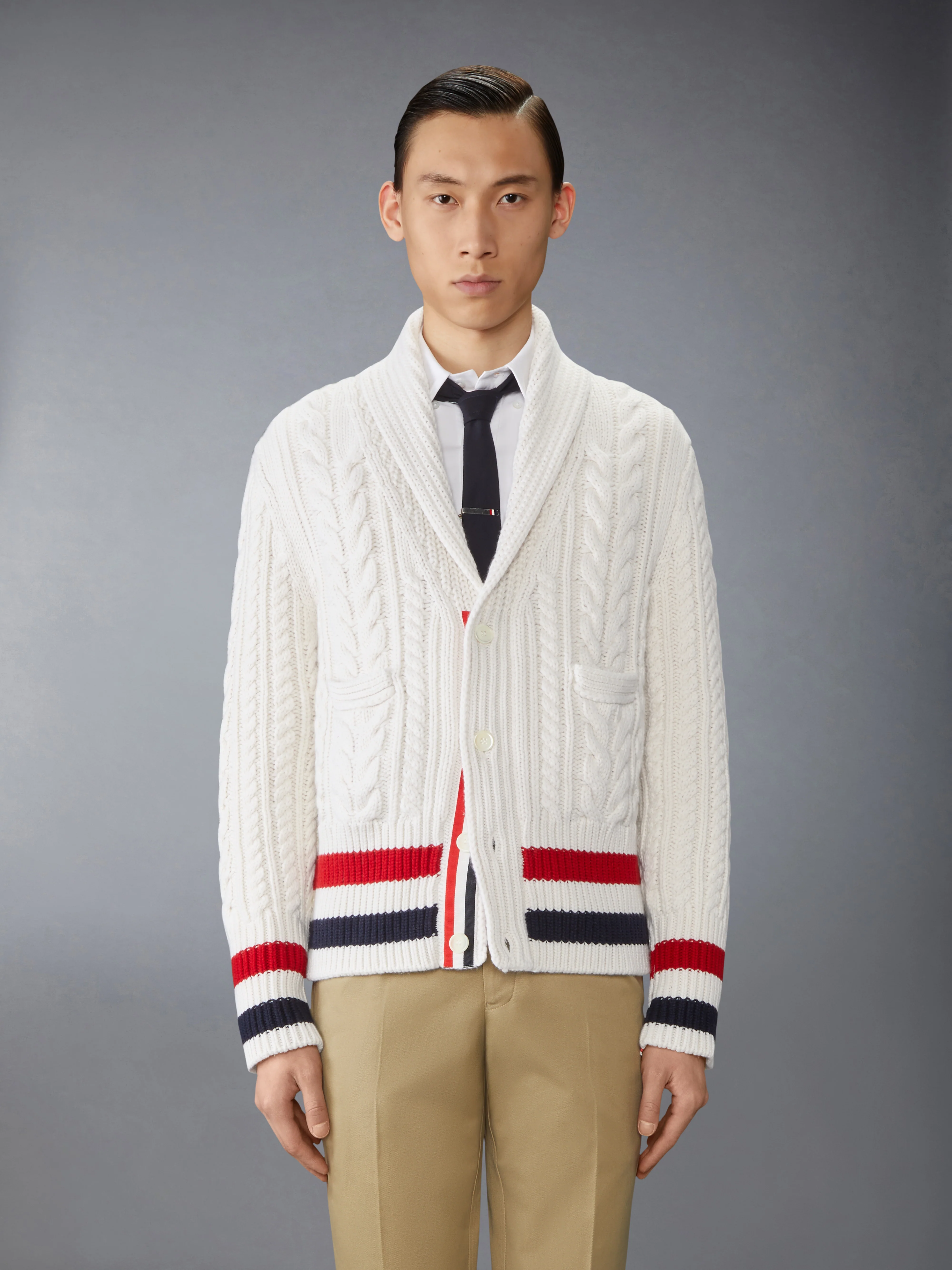 ARAN CABLE CASHMERE RWB STRIPE CARDIGAN