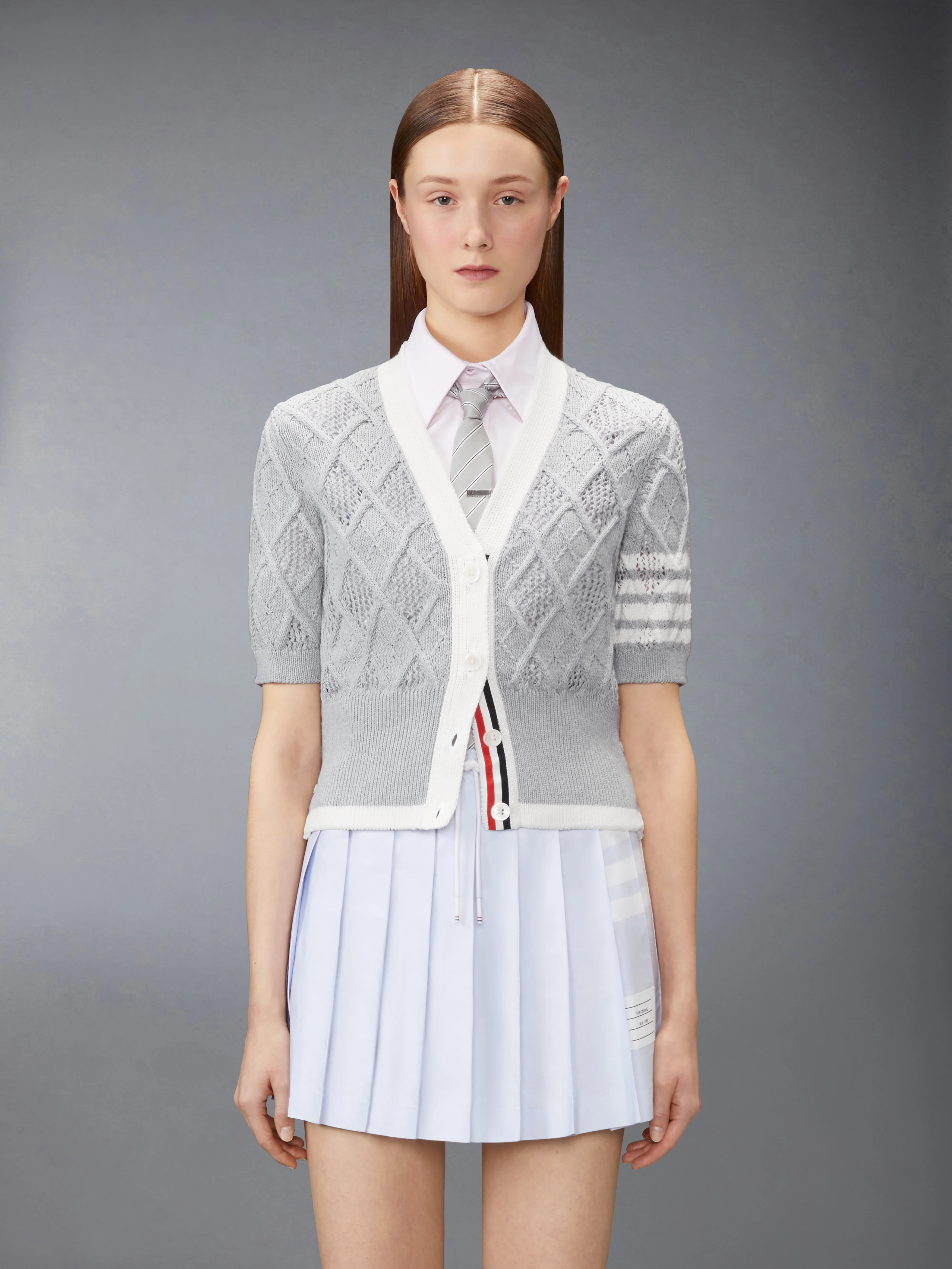 ARGYLE POINTELLE 4-BAR SHORT SLEEVE CARDIGAN