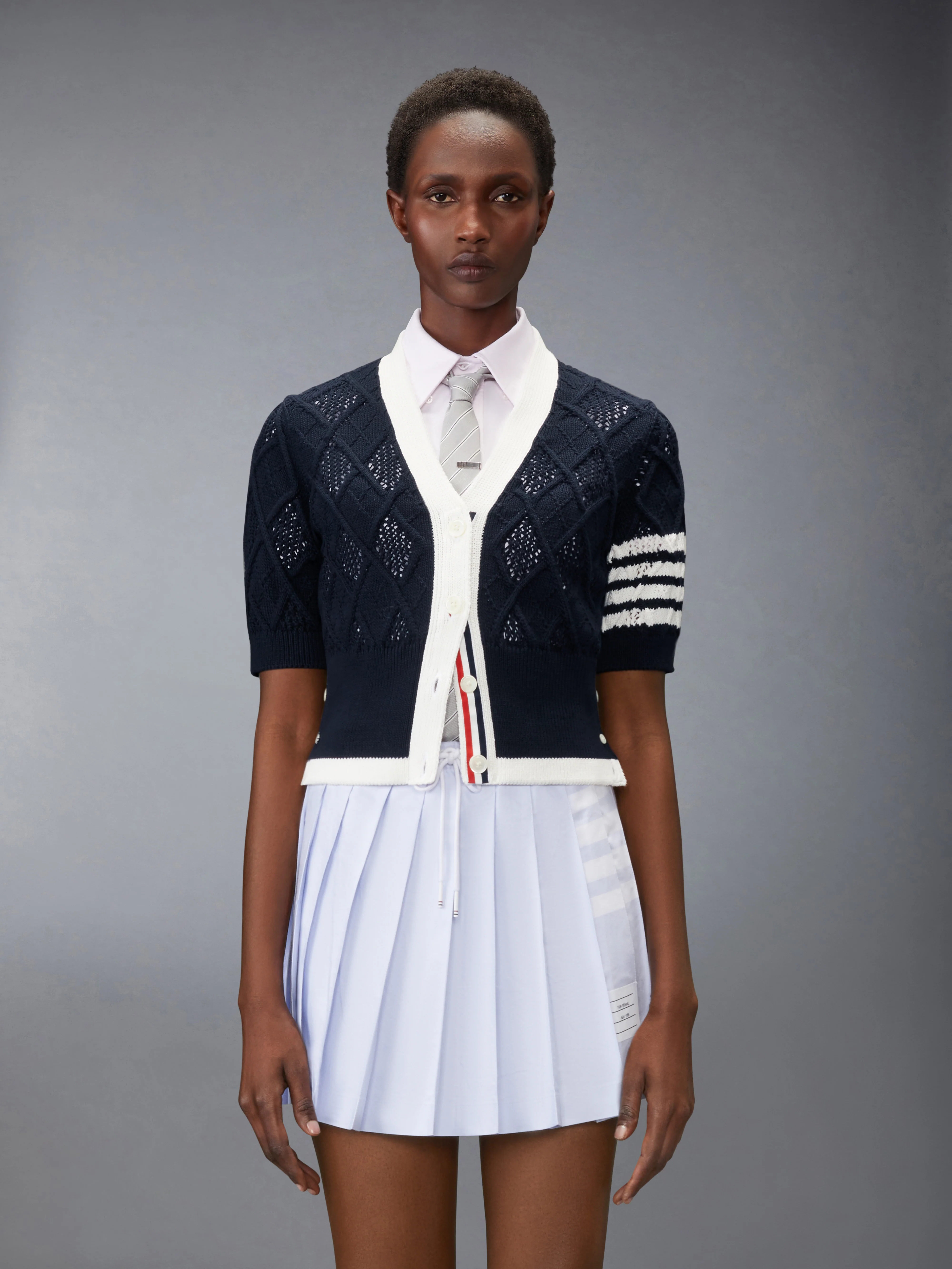 ARGYLE POINTELLE 4-BAR SHORT SLEEVE CARDIGAN