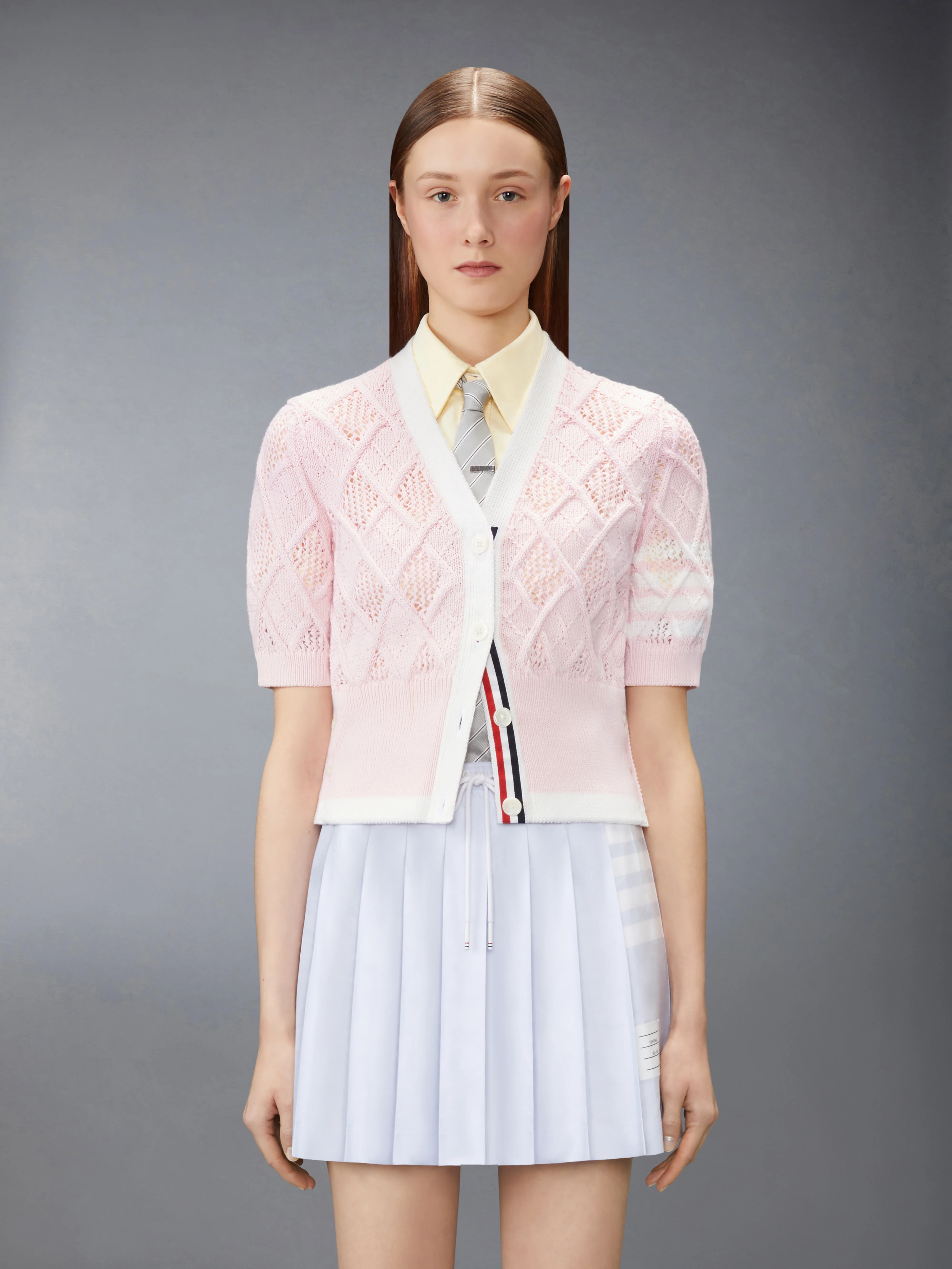 ARGYLE POINTELLE 4-BAR SHORT SLEEVE CARDIGAN