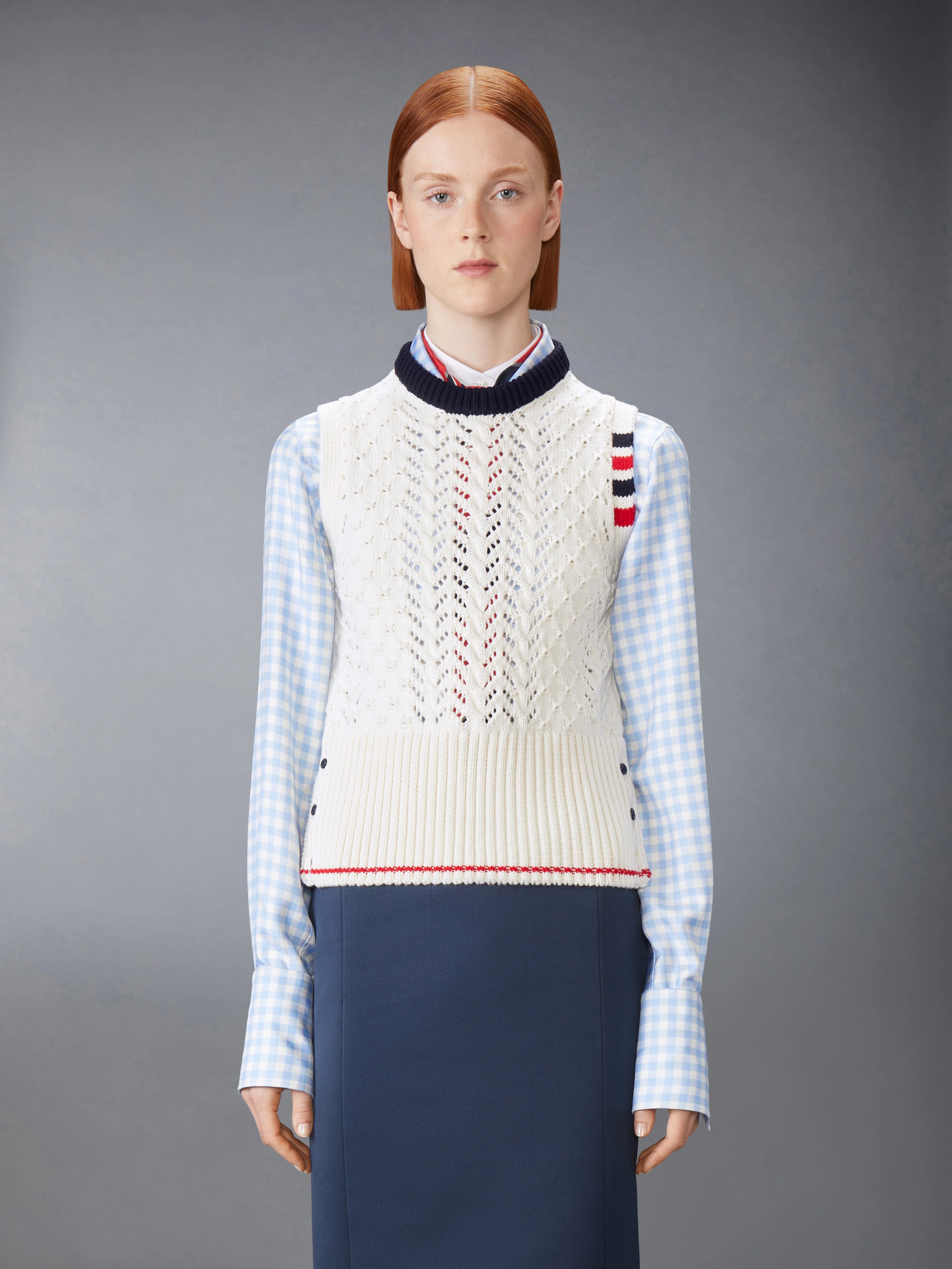 CABLE POINTELLE STITCH MERINO WOOL 4-BAR SHELL TOP