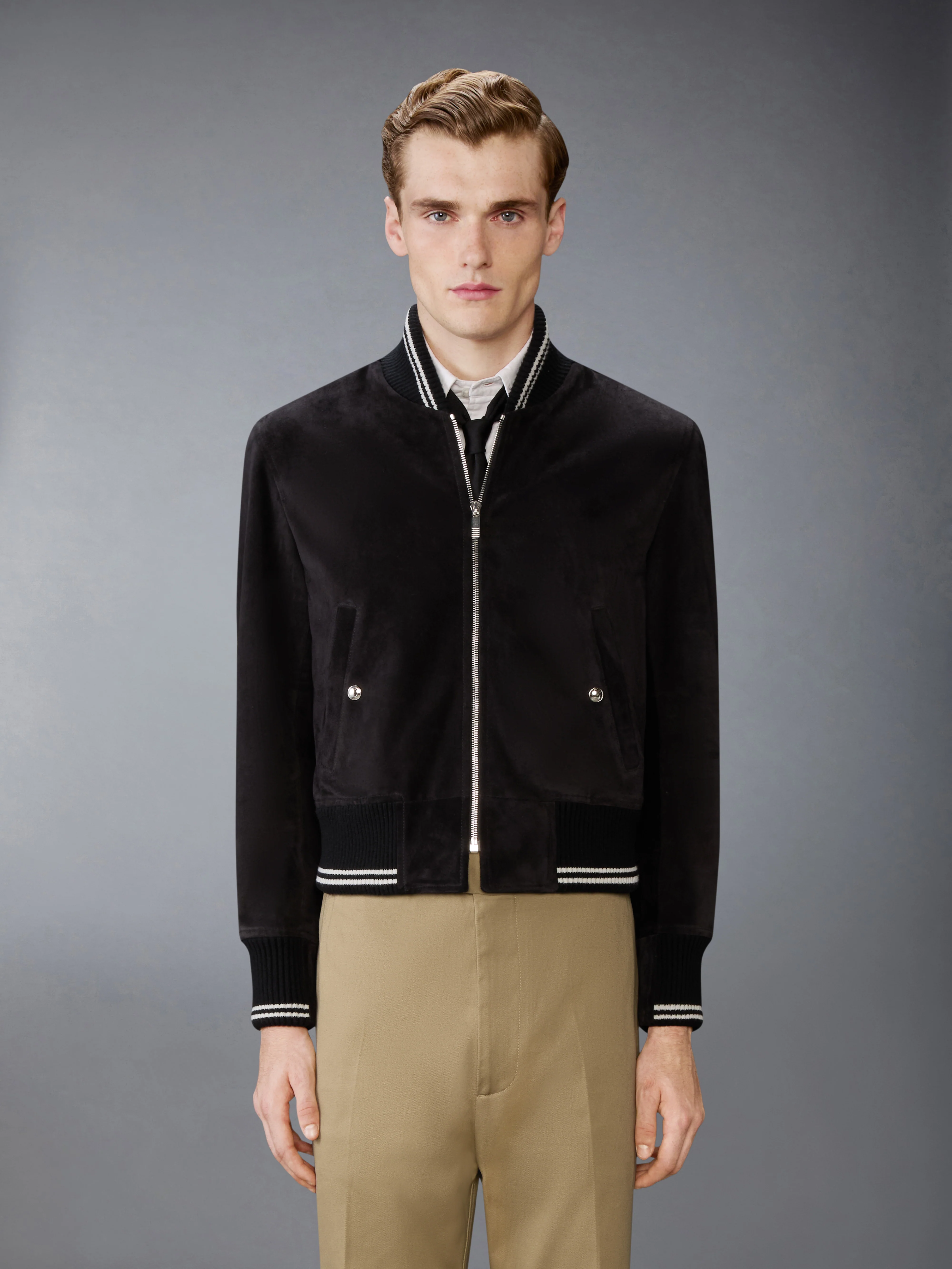 CALF SUEDE RIB KNIT BOMBER JACKET