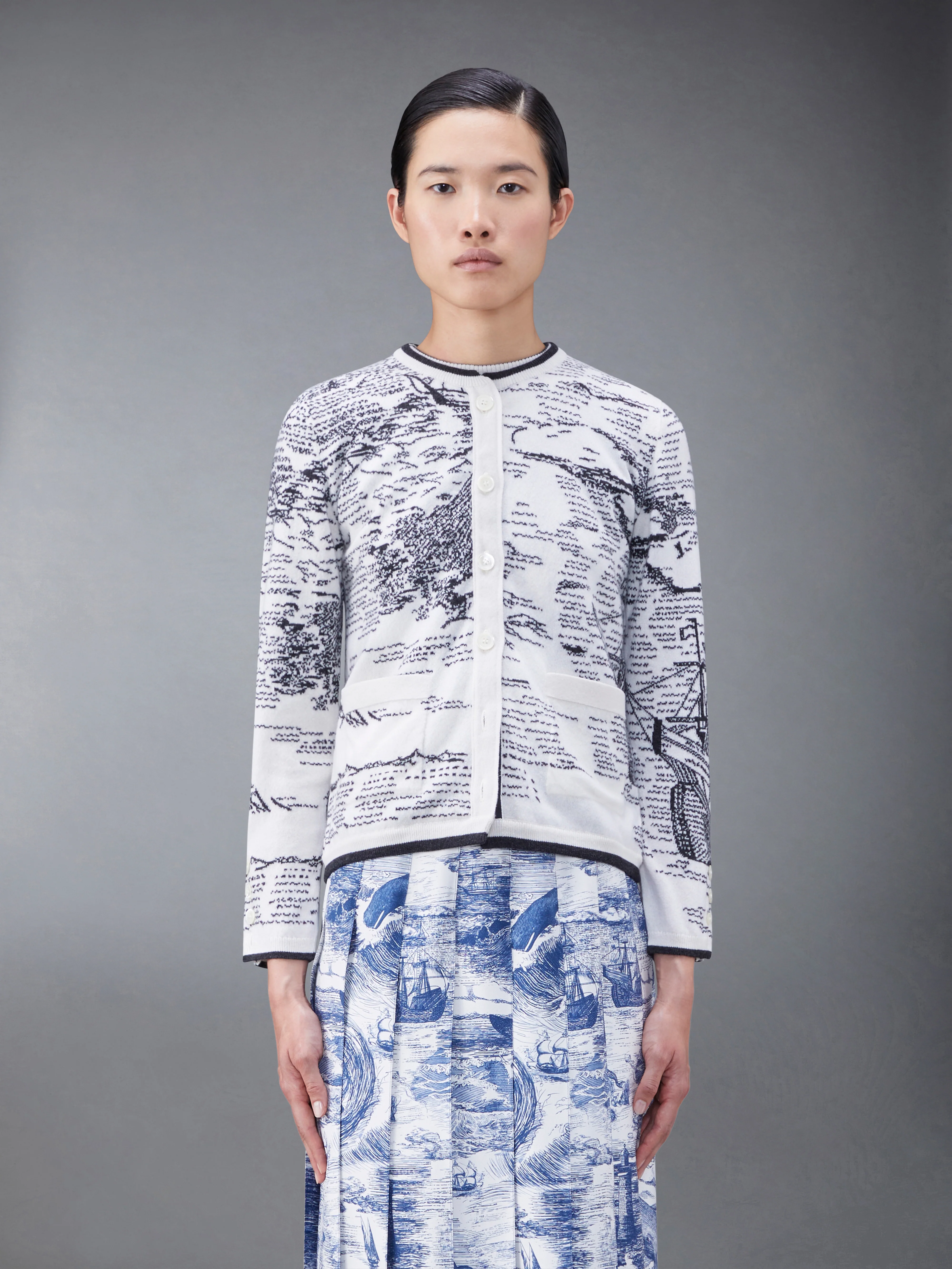 Cashmere Nautical Toile Jersey Silk Lined Crew Neck Cardigan