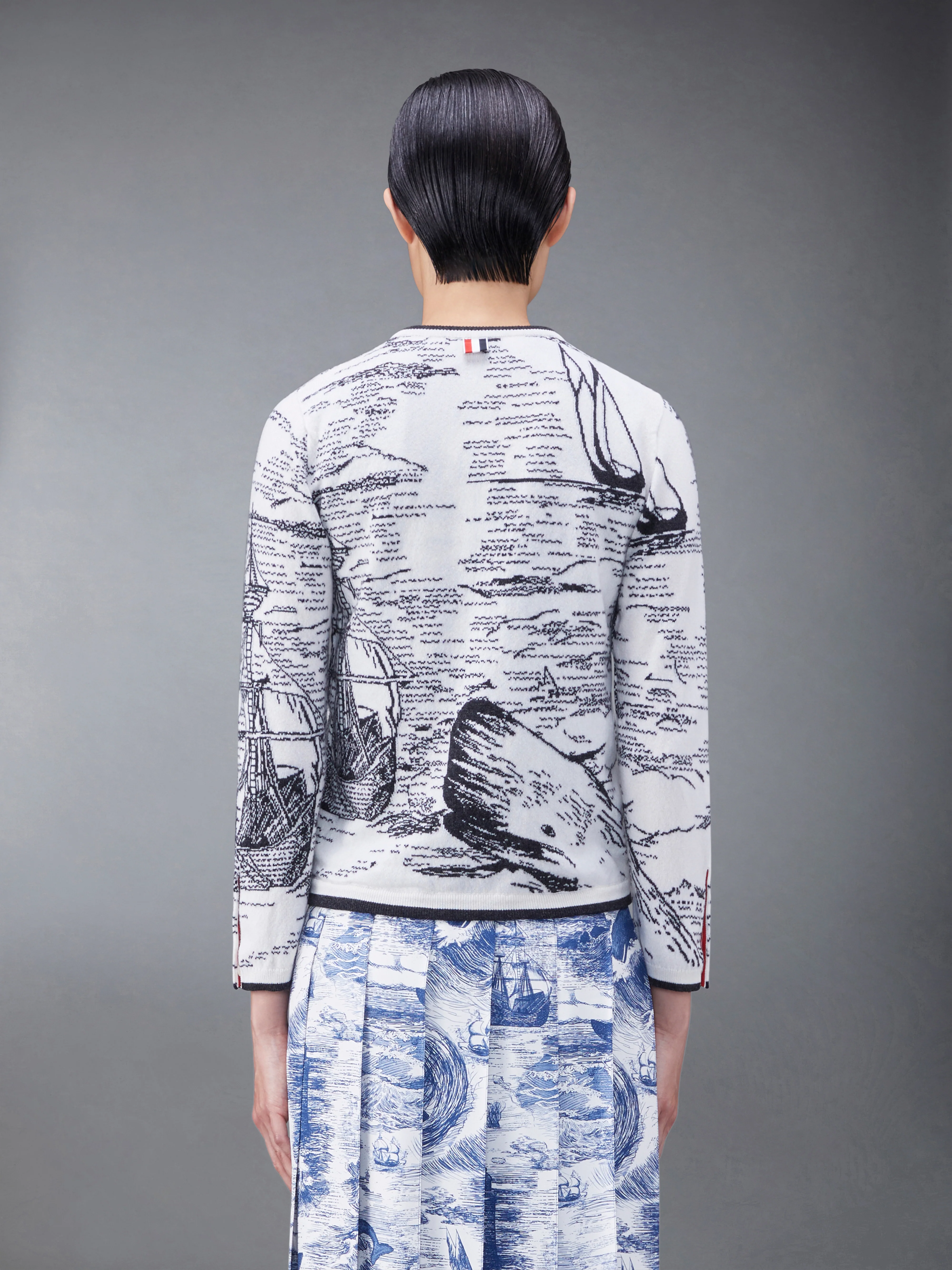 Cashmere Nautical Toile Jersey Silk Lined Crew Neck Cardigan - Image 2