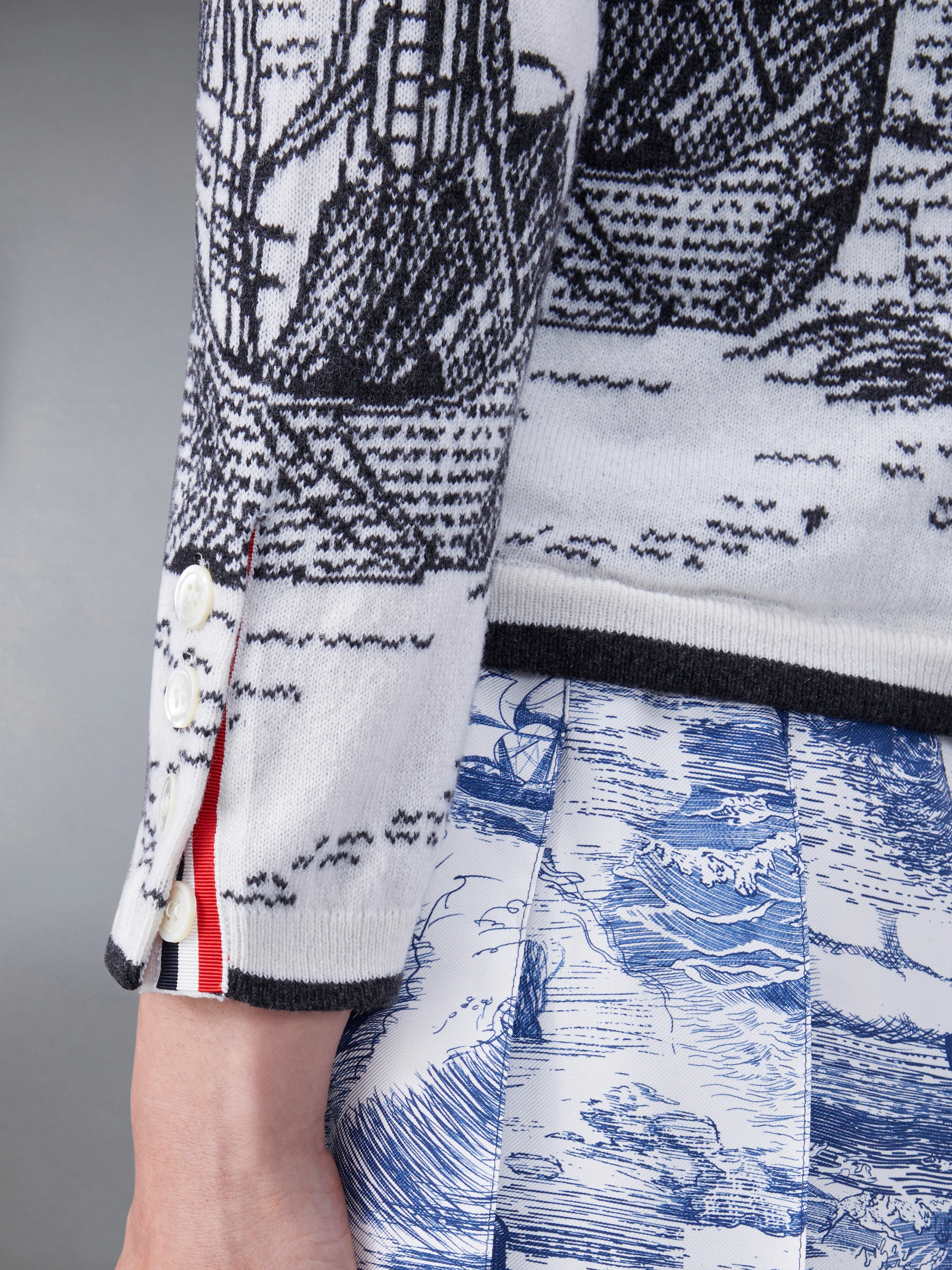 Cashmere Nautical Toile Jersey Silk Lined Crew Neck Cardigan - Image 4