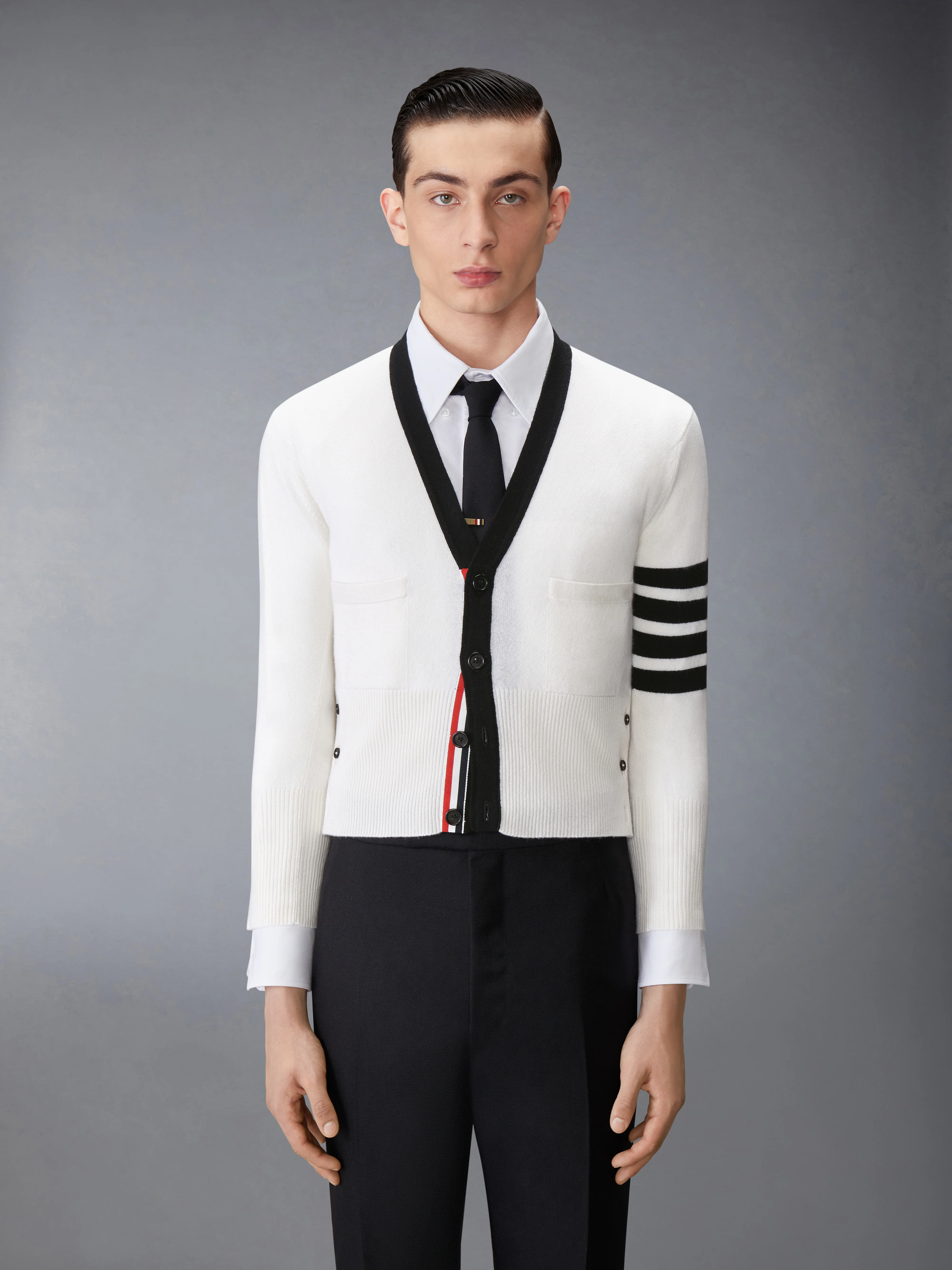 CASHMERE NEVERMORE INTARSIA 4-BAR CLASSIC SHORT CARDIGAN