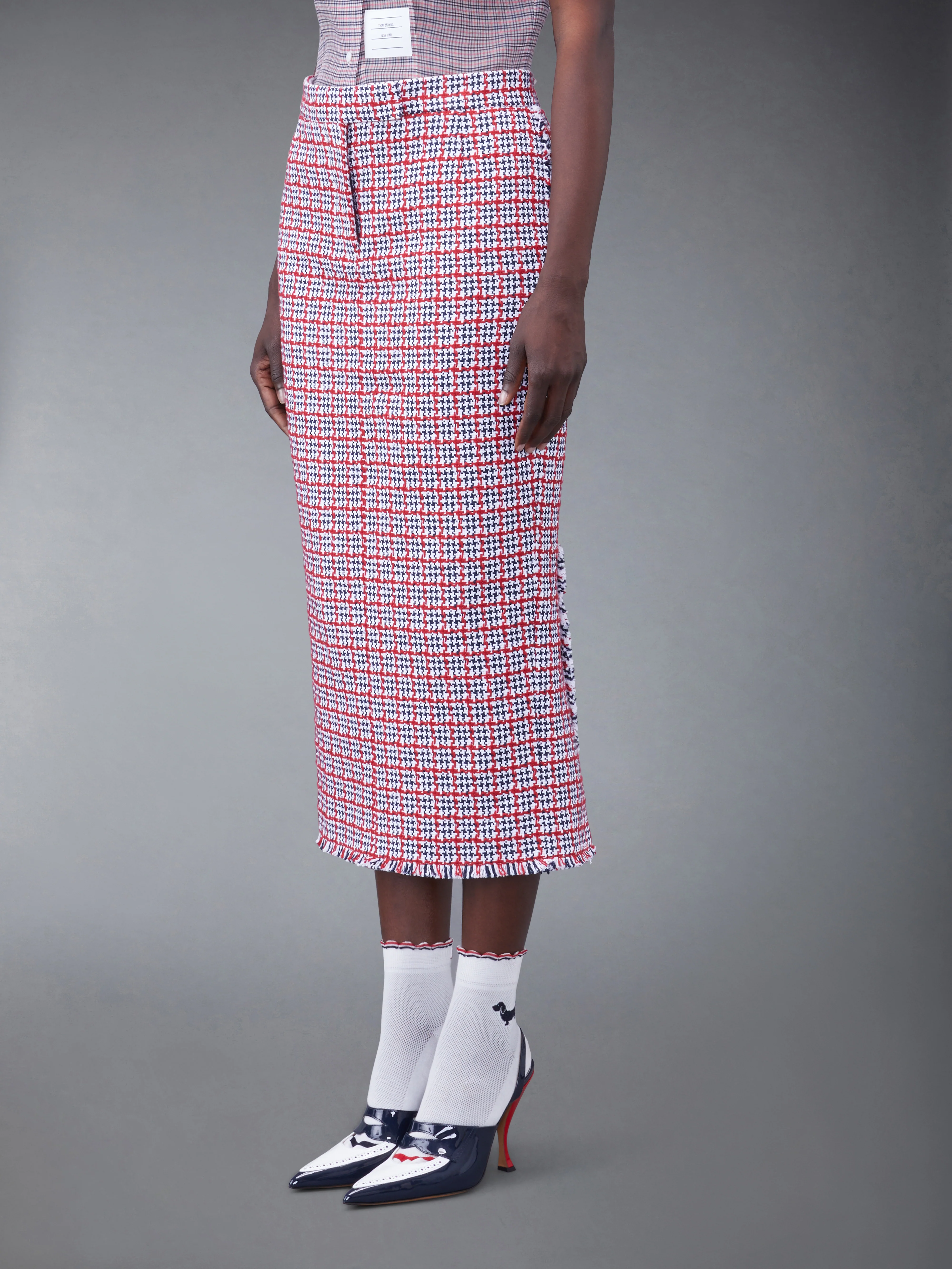 CHECK SUMMER TWEED FRAY MAXI LOW RISE PENCIL SKIRT - Image 2
