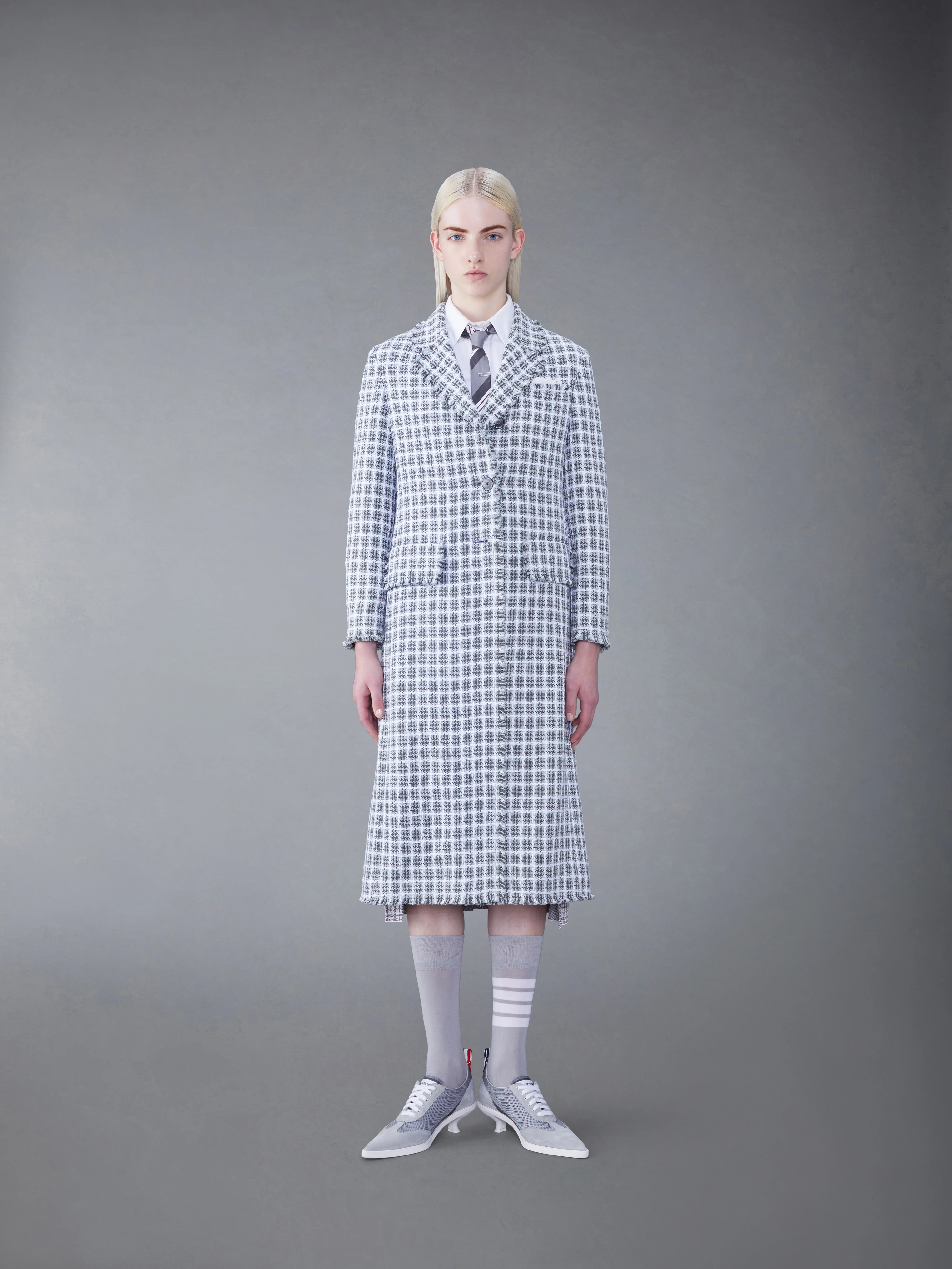 CHECK SUMMER TWEED FRAY WIDE LAPEL OVERCOAT