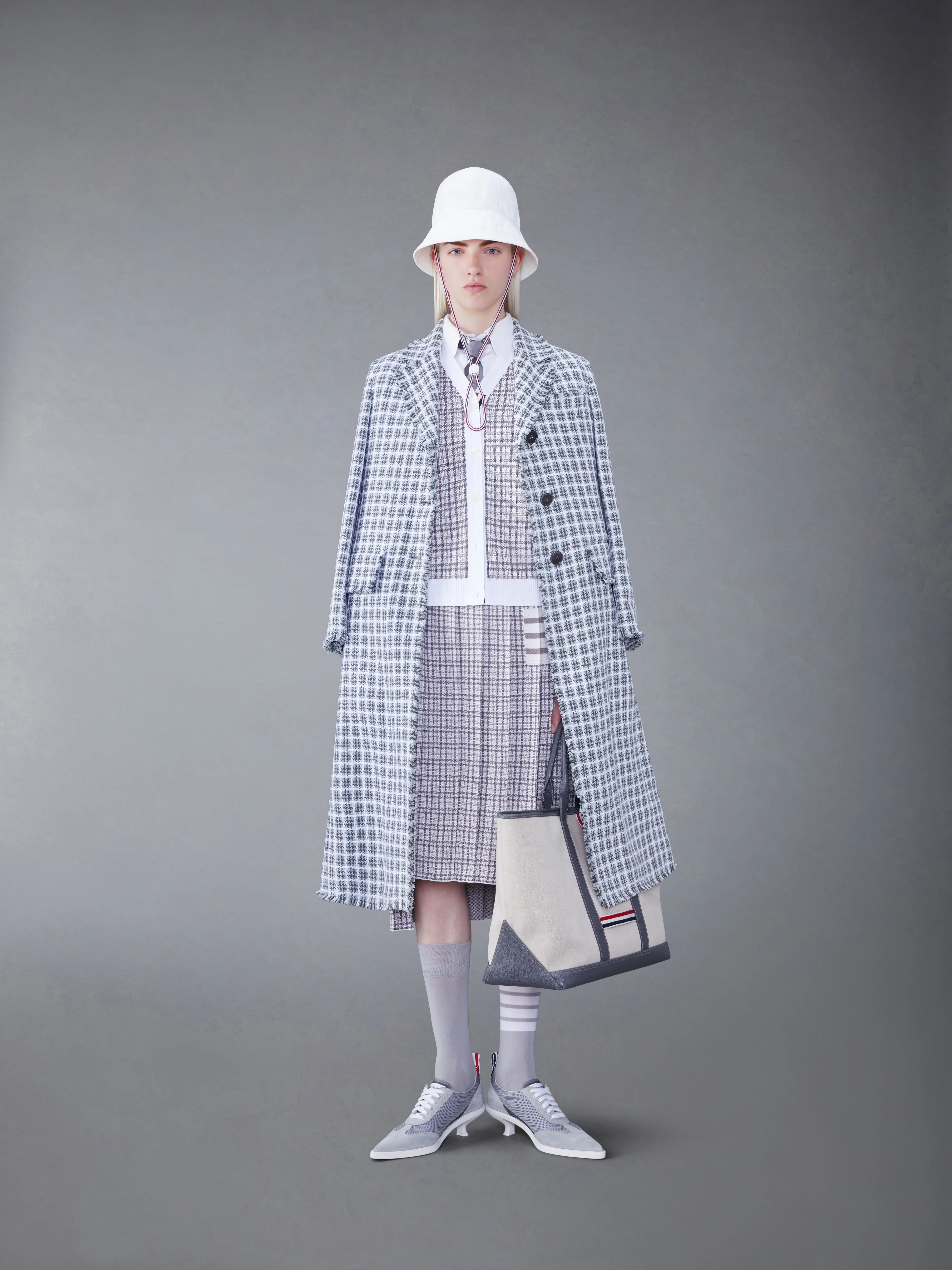 CHECK SUMMER TWEED FRAY WIDE LAPEL OVERCOAT - Image 3
