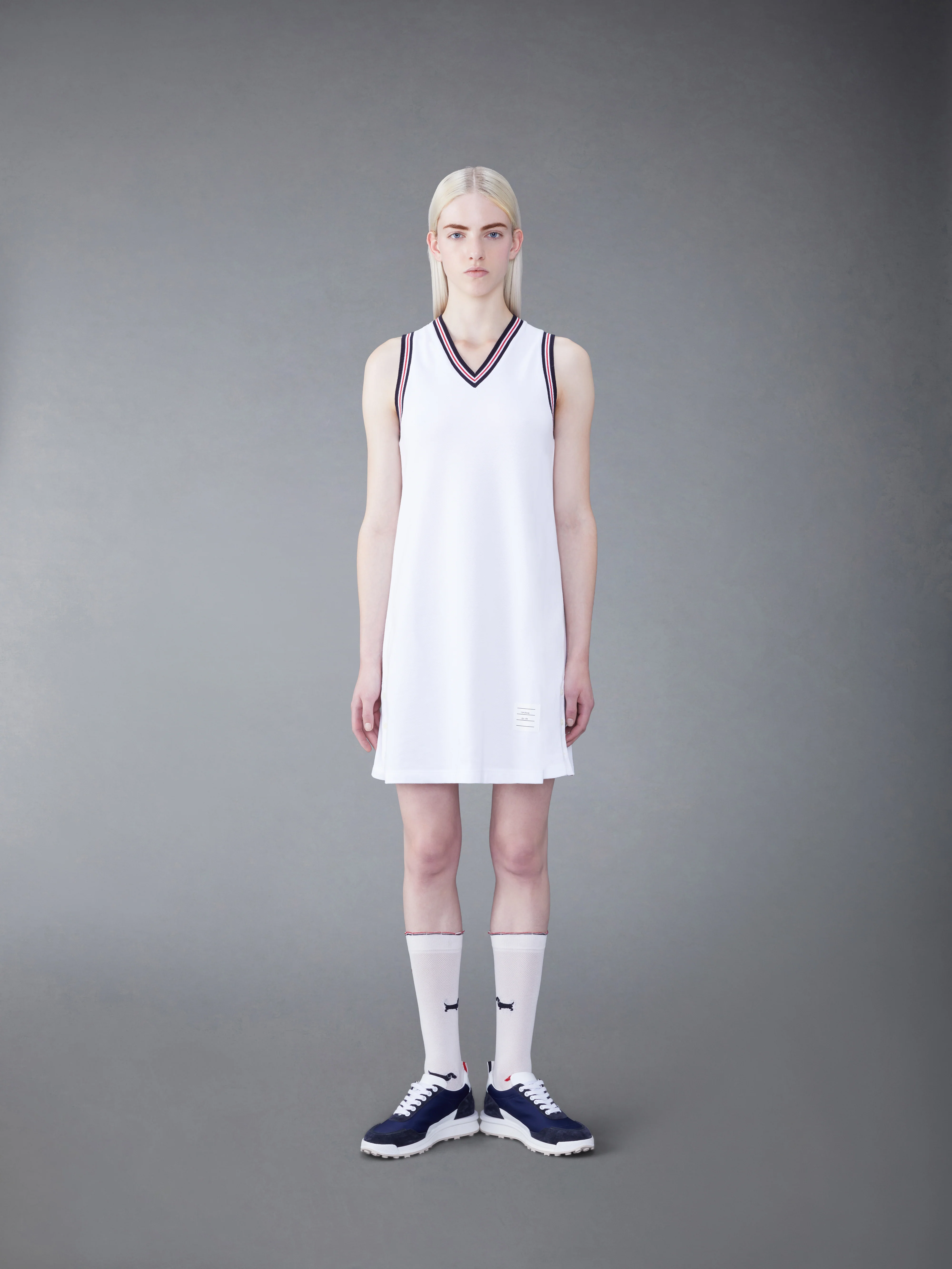 CLASSIC PIQUE STRIPE V-NECK TENNIS DRESS