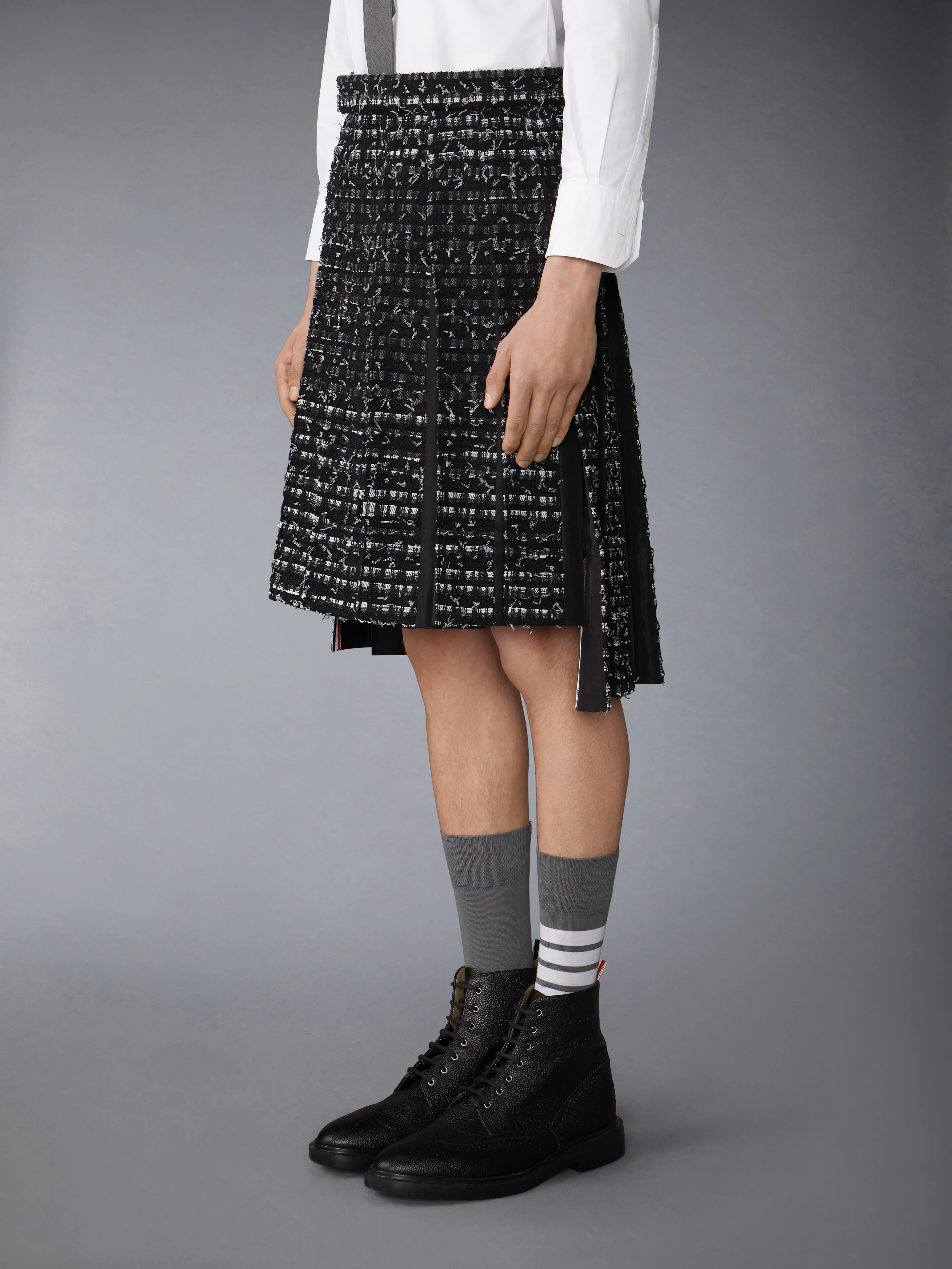 DENIM RIBBON TWEED CLASSIC RISE MIDI PLEATED SKIRT - Image 2