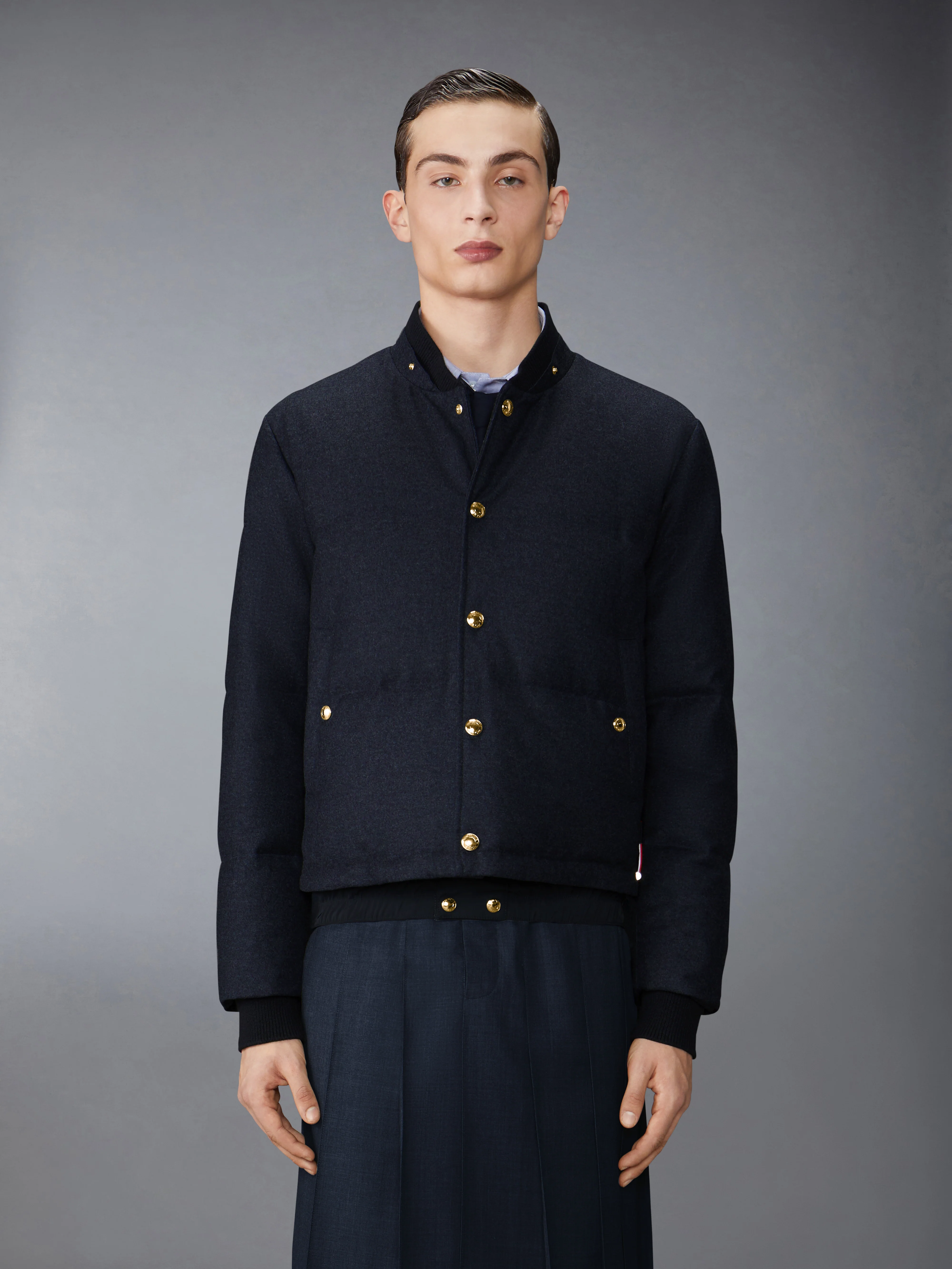 DOWNFILL SNAP FRONT DETACHABLE HOOD BOMBER W/ TONAL GROSGRAIN IN WOOL FLANNEL - Image 2
