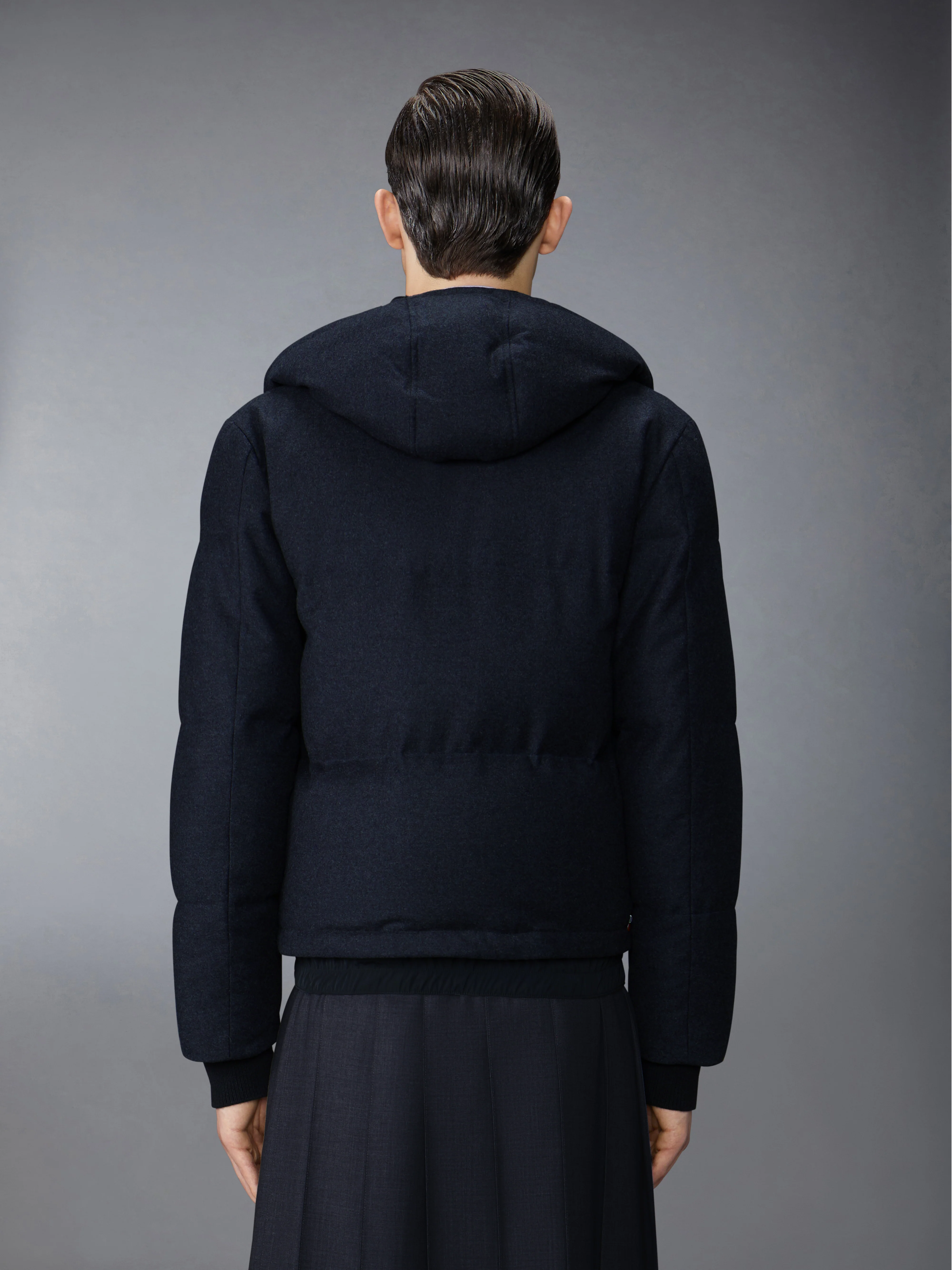 DOWNFILL SNAP FRONT DETACHABLE HOOD BOMBER W/ TONAL GROSGRAIN IN WOOL FLANNEL - Image 3