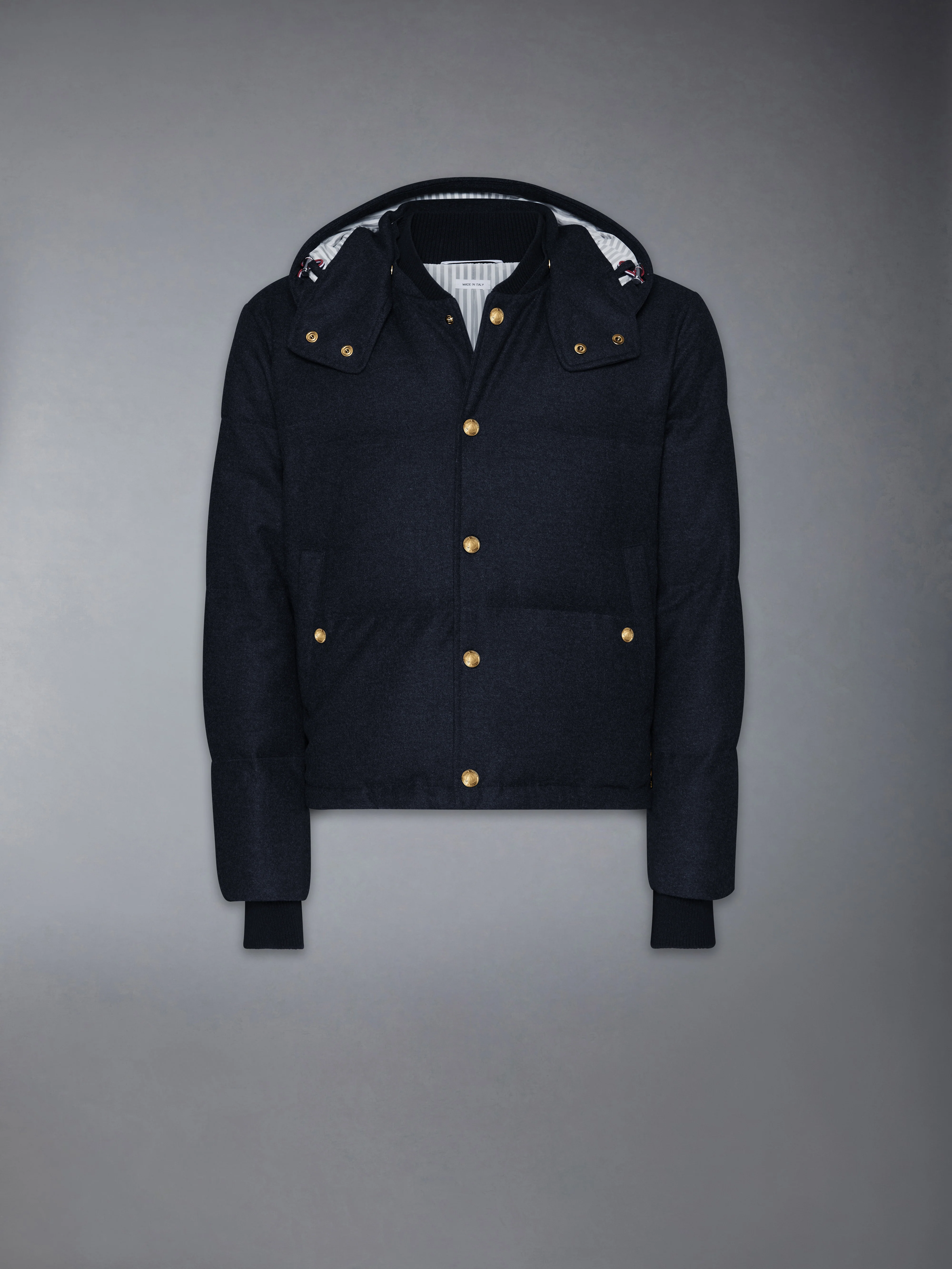 DOWNFILL SNAP FRONT DETACHABLE HOOD BOMBER W/ TONAL GROSGRAIN IN WOOL FLANNEL - Image 9