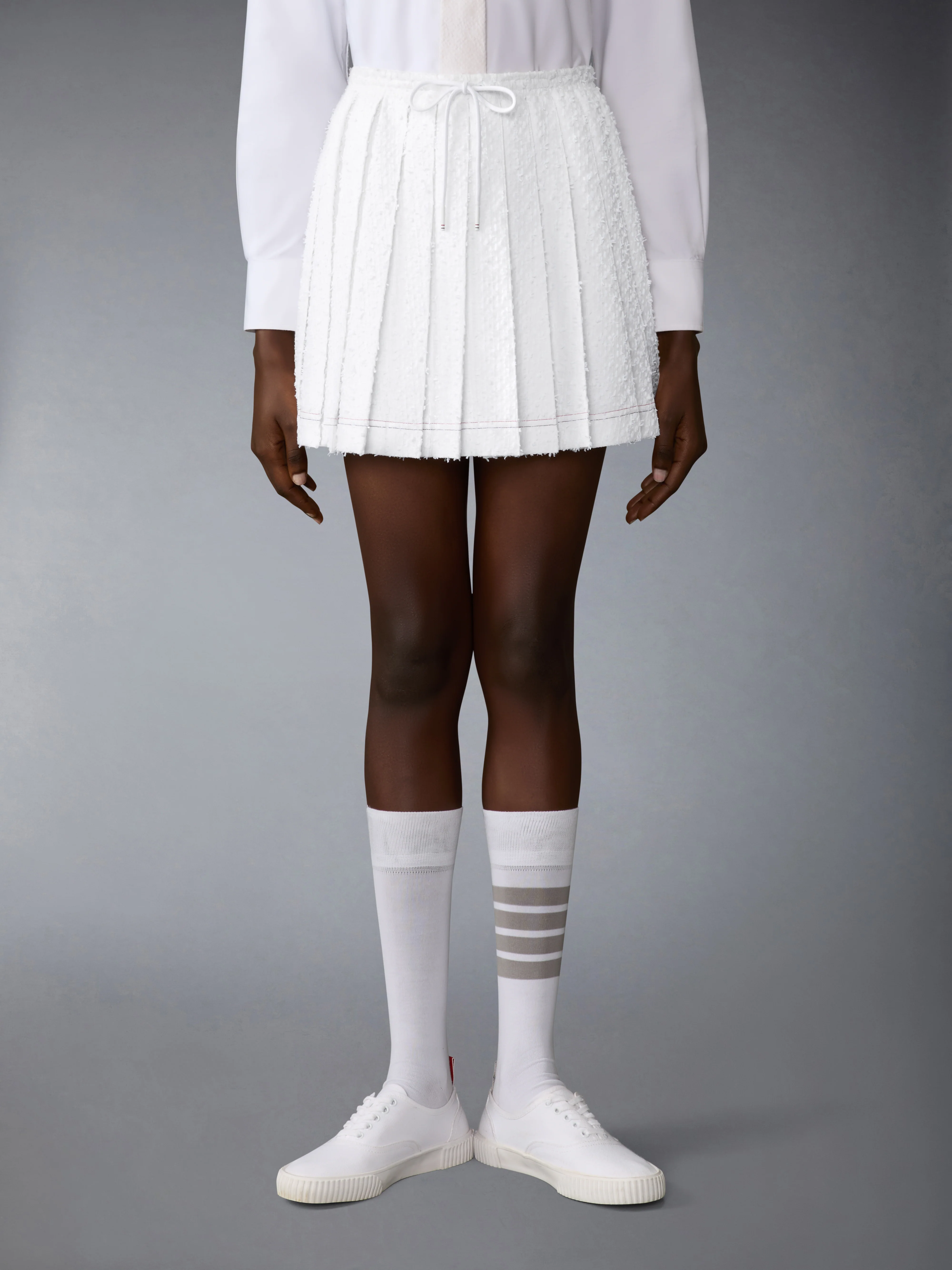 EYELASH TWEED DRAWSTRING PLEATED MINI SKIRT