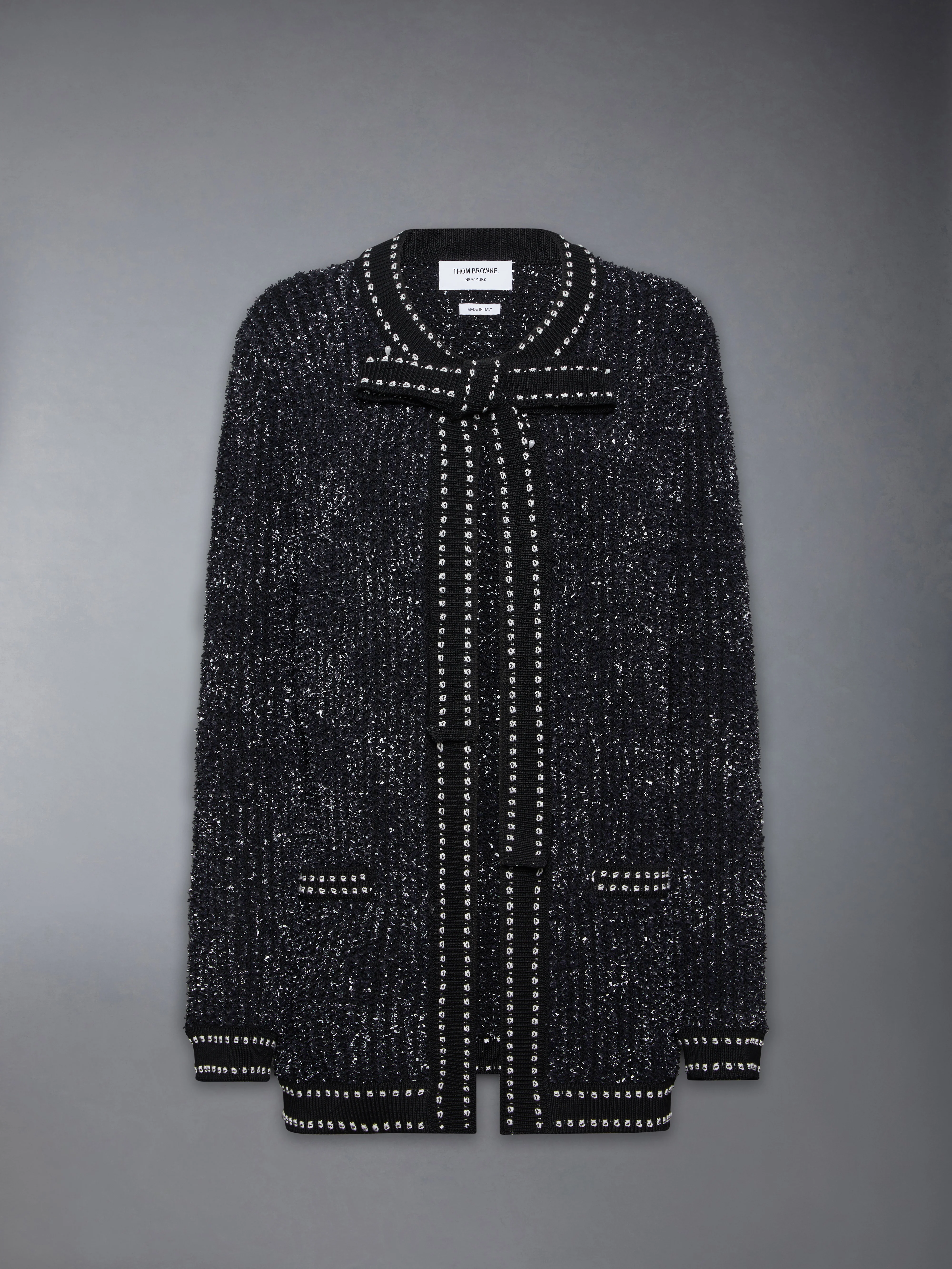 EYELASH TWEED JACQUARD NECK TIE CARDIGAN - Image 6
