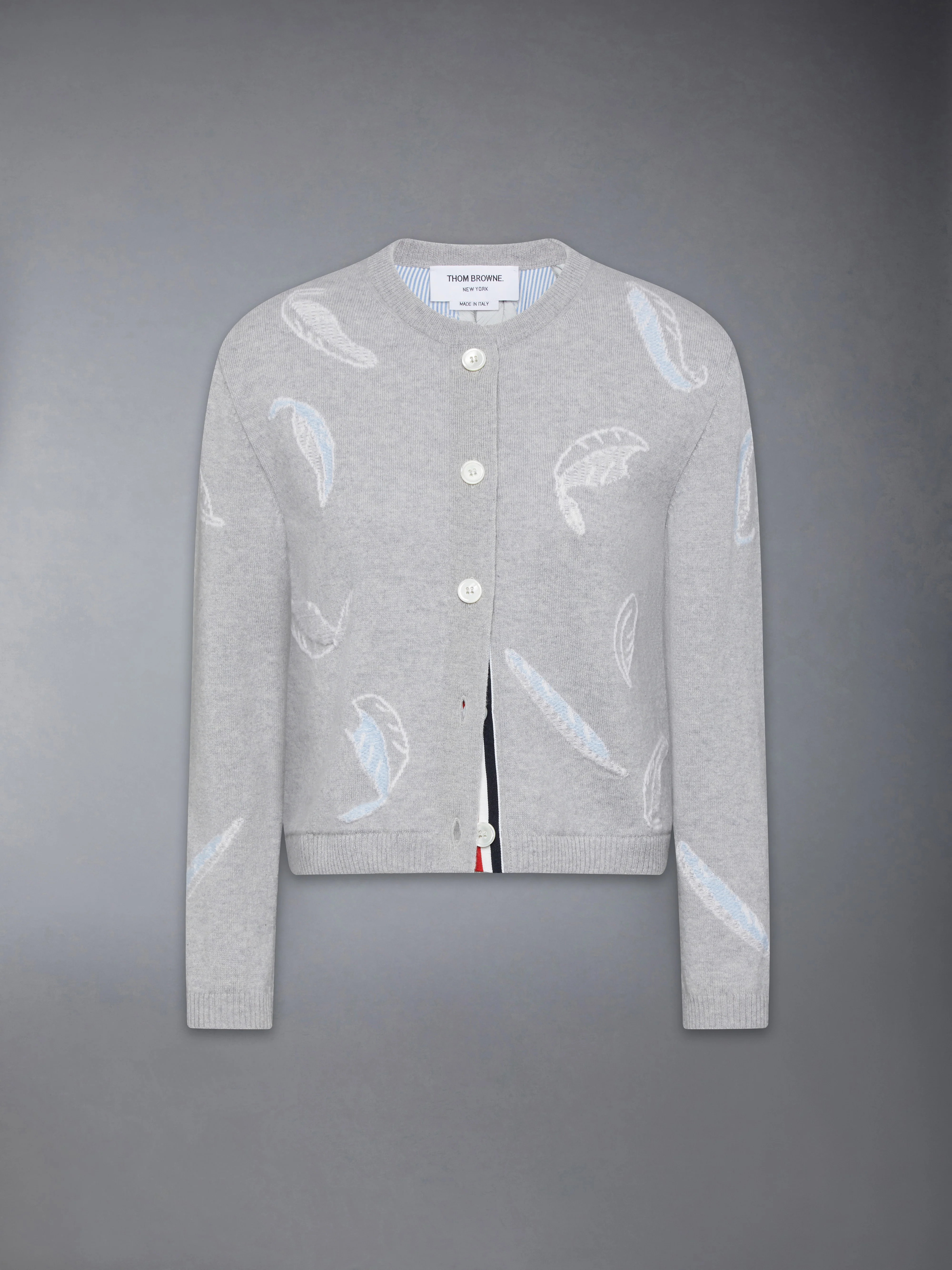 FEATHER INTARSIA PRINTED SILK TWILL CREW NECK CARDIGAN - Image 6