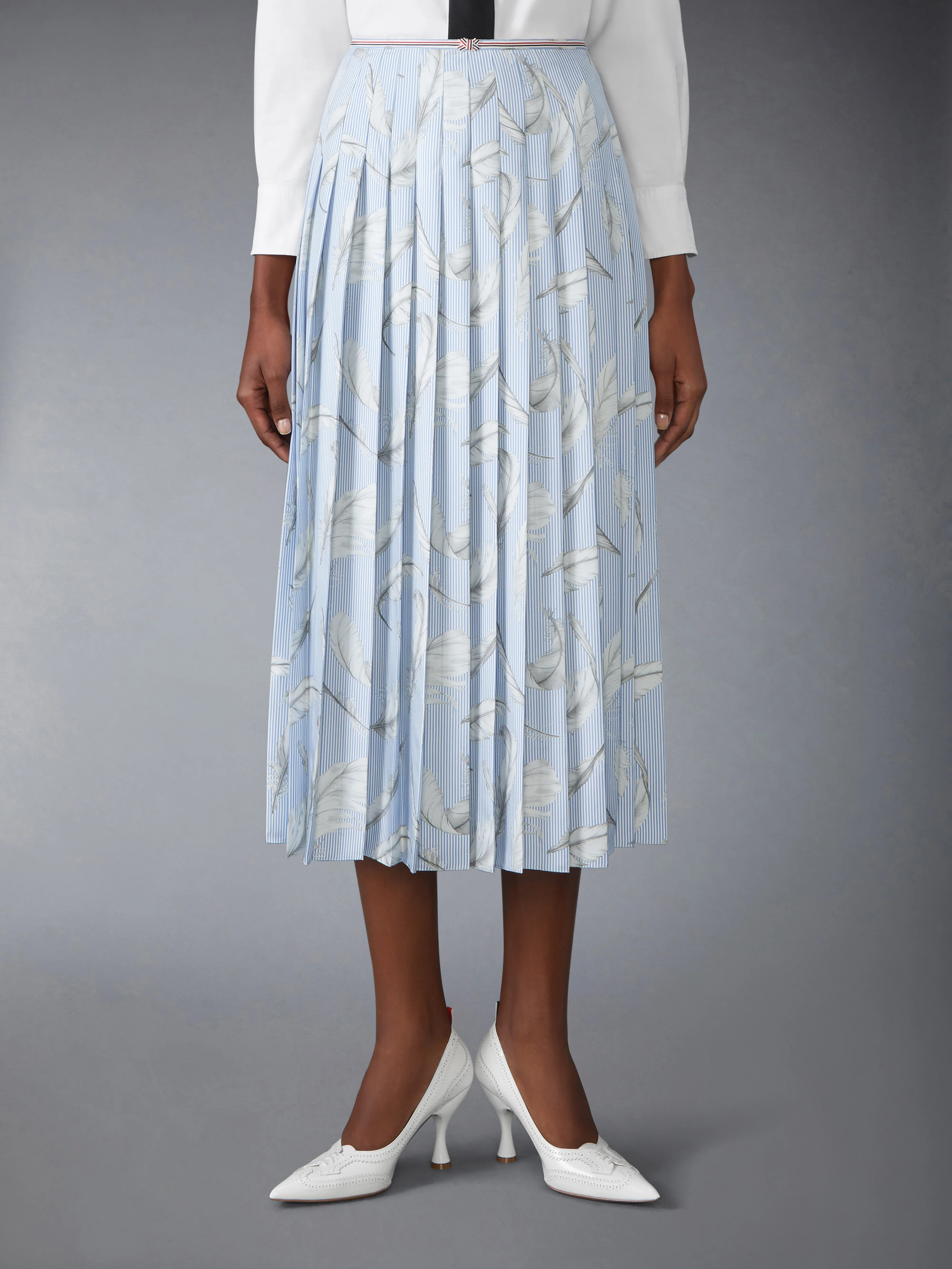 FEATHER PRINTED SILK TWILL PLEAT SKIRT