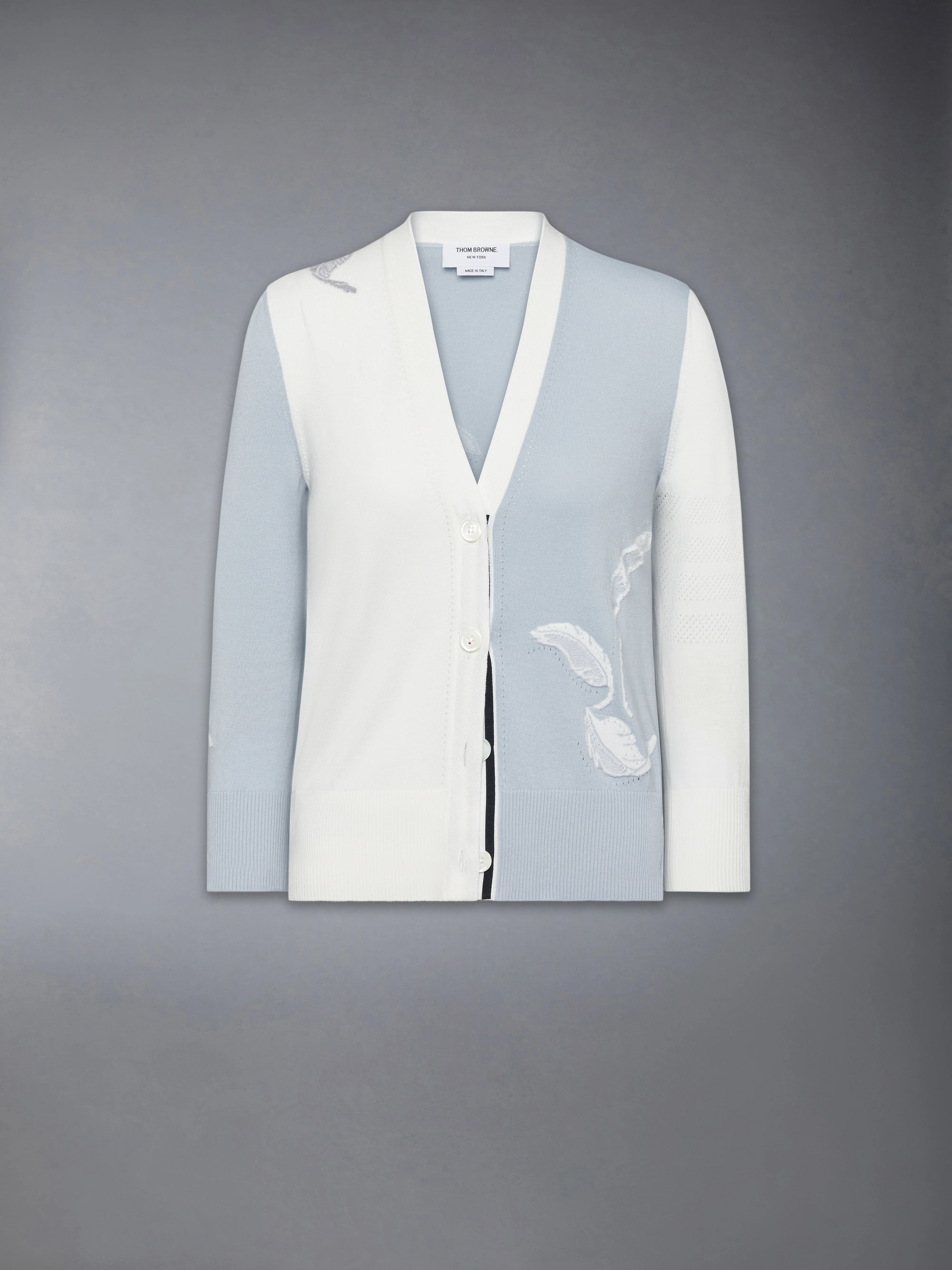 FUNMIX FEATHER INTARSIA POINTELLE RELAXED FIT V NECK CARDIGAN - Image 6