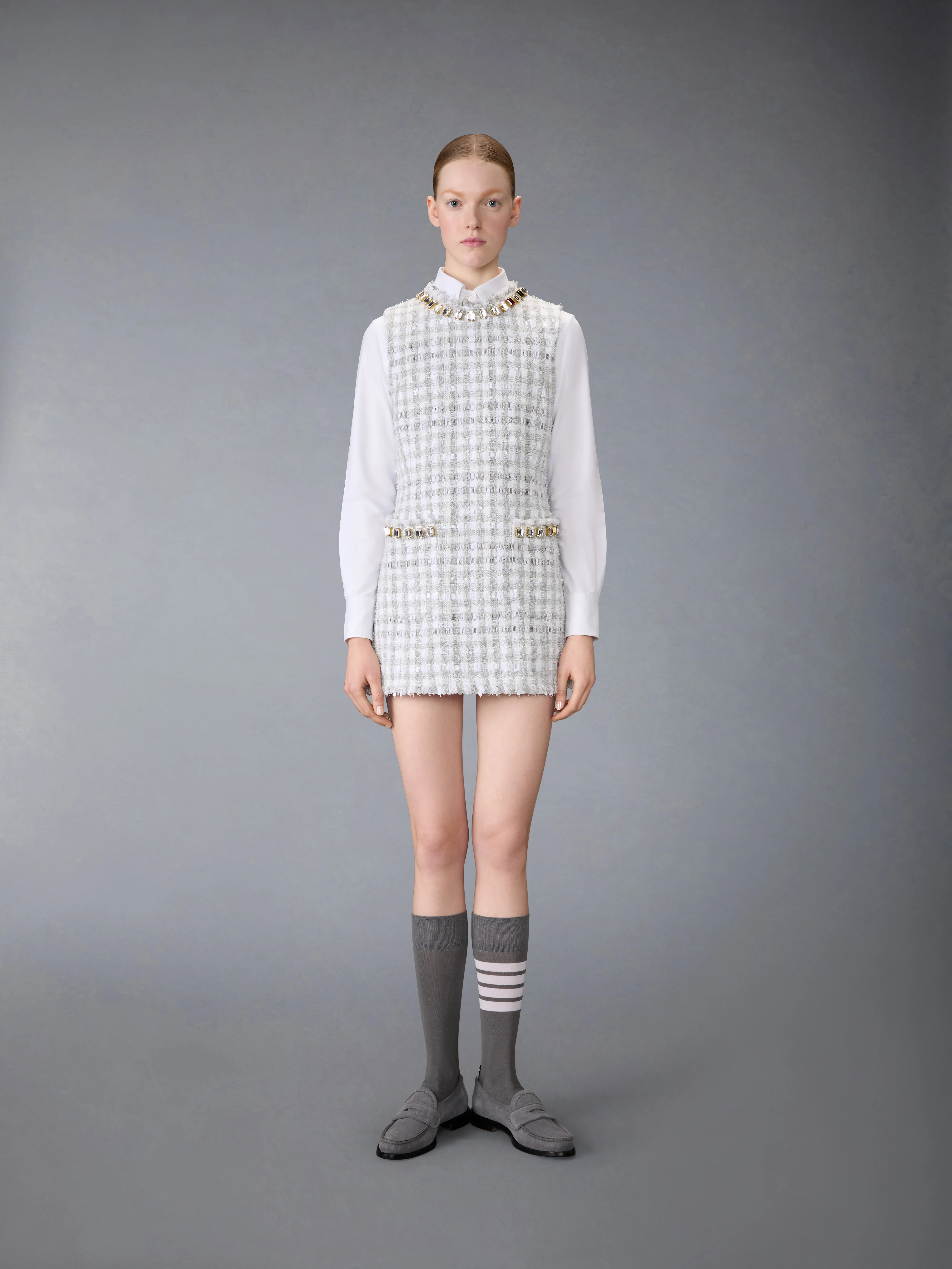 GINGHAM SATIN RIBBON TWEED MINI PENCIL DRESS WITH SWAROVSKI CRYSTAL