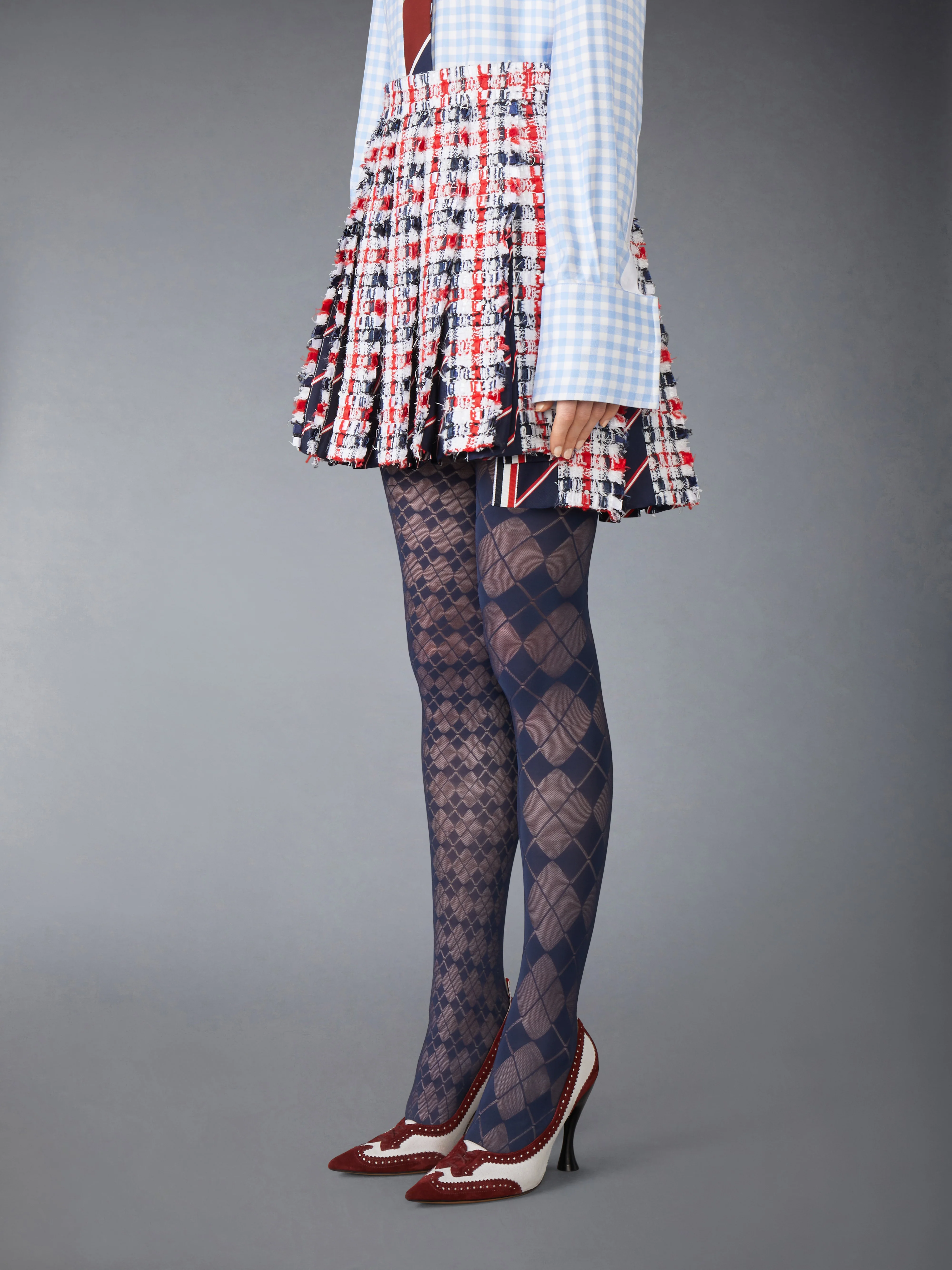 GINGHAM SATIN RIBBON TWEED PLEATED MINI SKIRT - Image 2