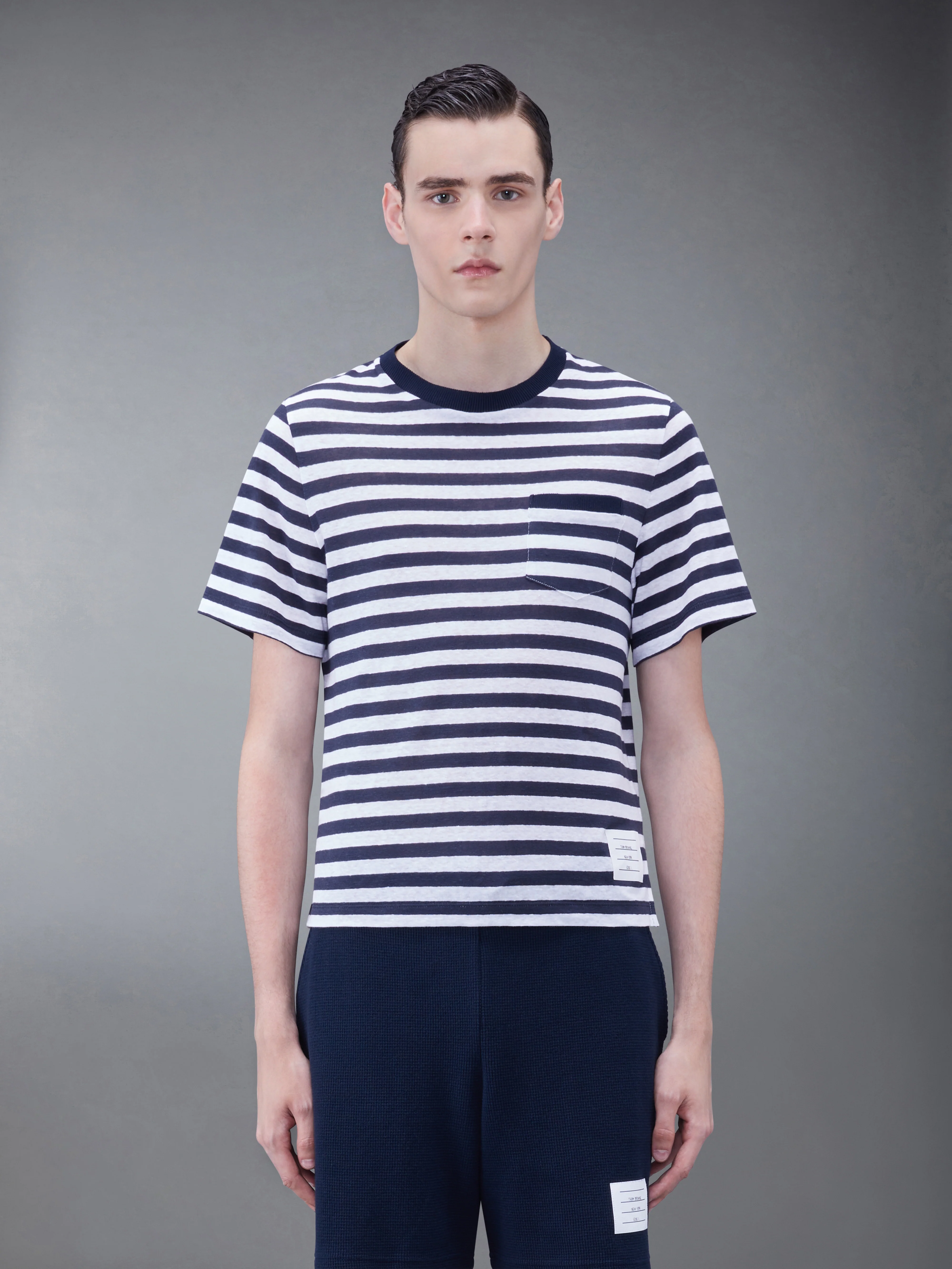 LINEN JERSEY SHORT SLEEVE STRIPED POCKET TEE