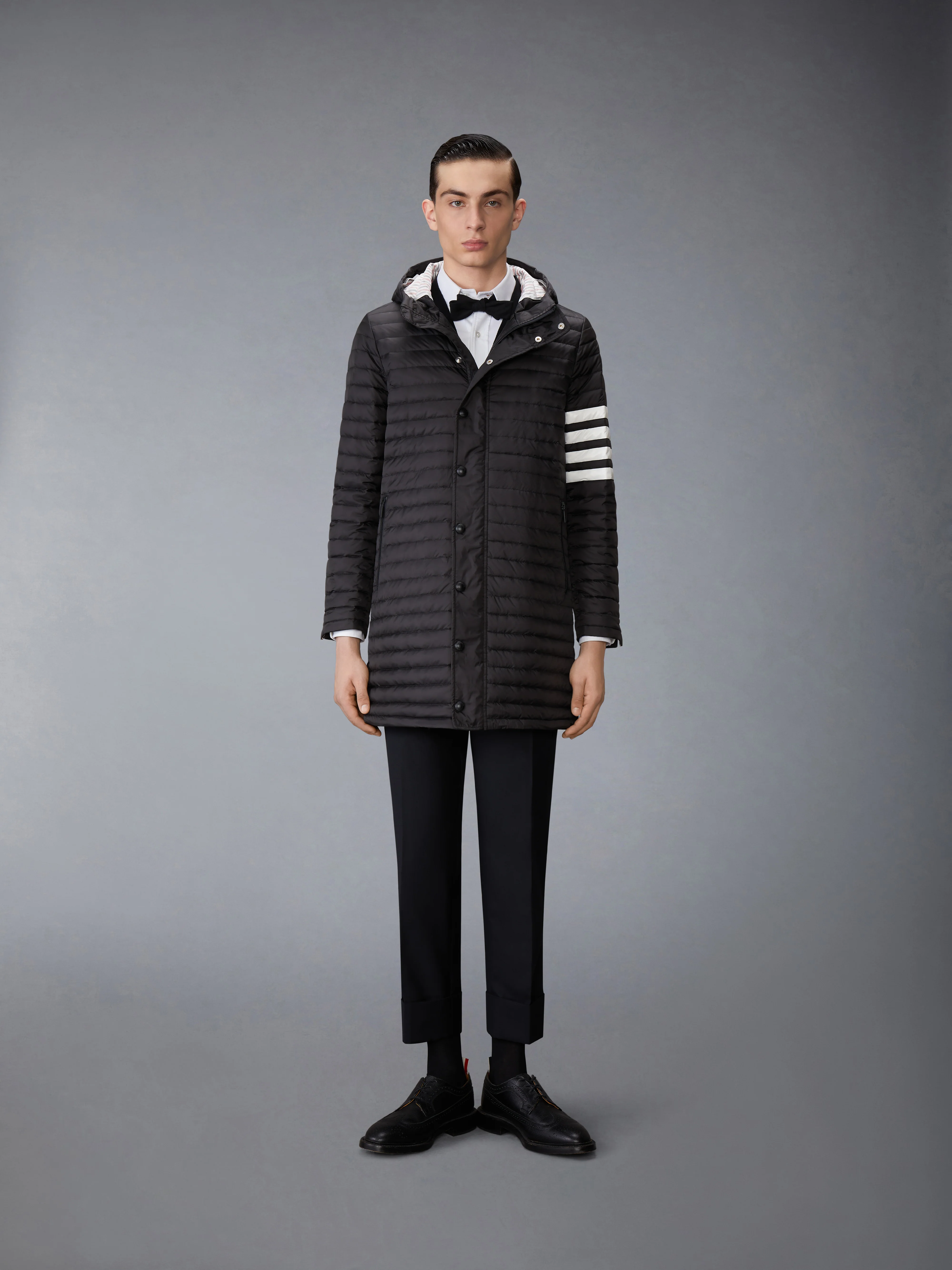 MATTE NYLON 4-BAR QUILTED DOWN FILLED HOODED COAT