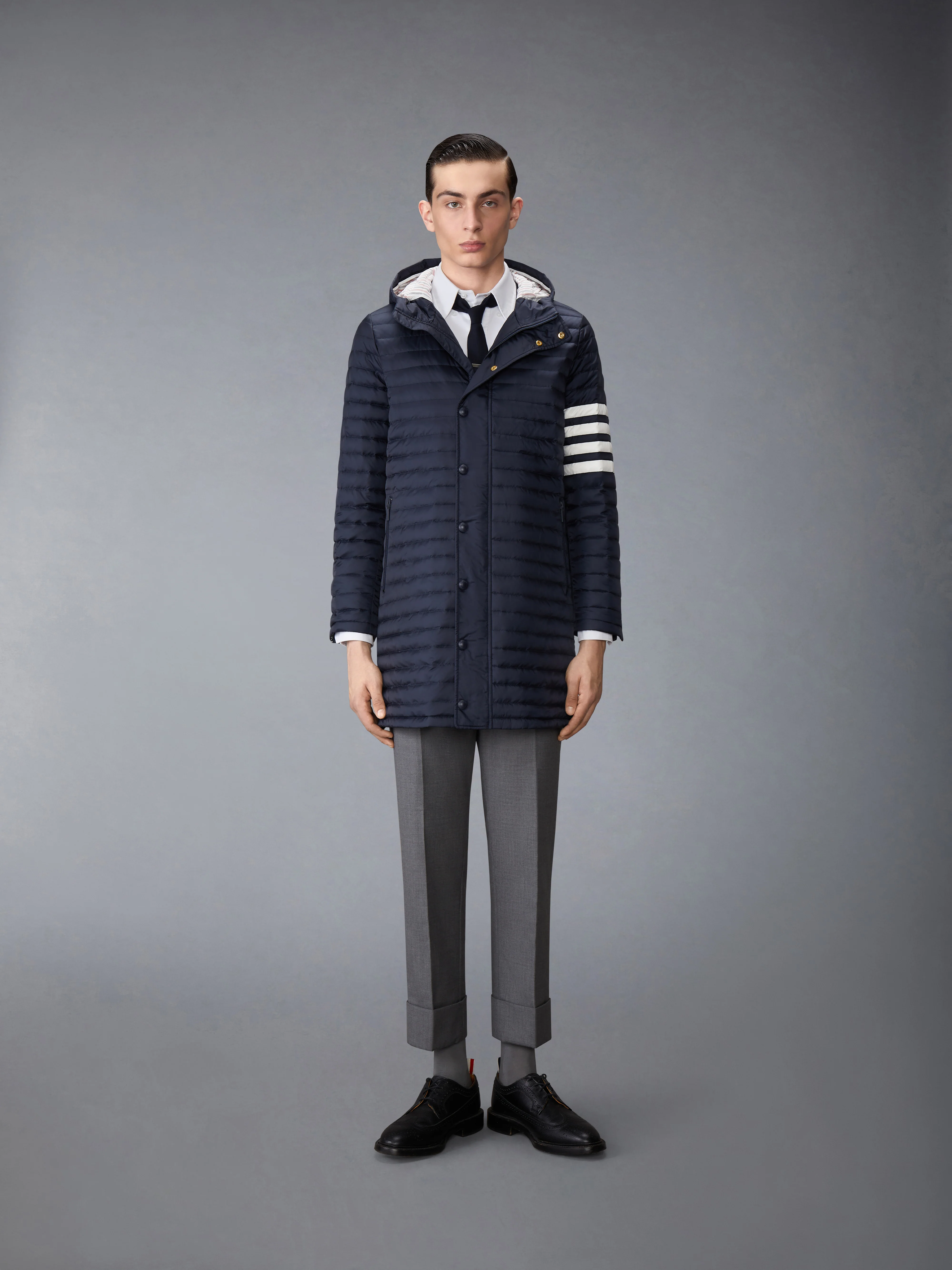 MATTE NYLON 4-BAR QUILTED DOWN FILLED HOODED COAT