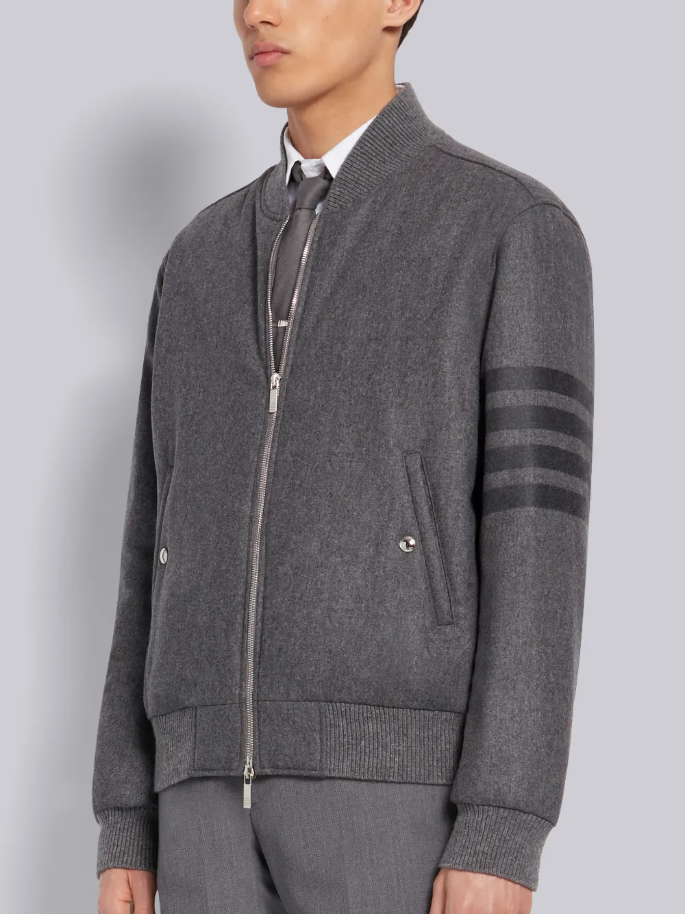 Medium Grey Tech Down Wool Flannel Tonal 4-Bar Relaxed Blouson Jacket - Image 3