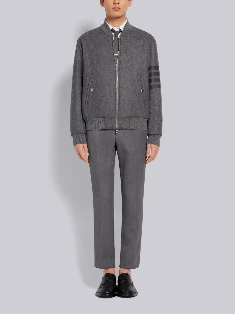 Medium Grey Tech Down Wool Flannel Tonal 4-Bar Relaxed Blouson Jacket - Image 4