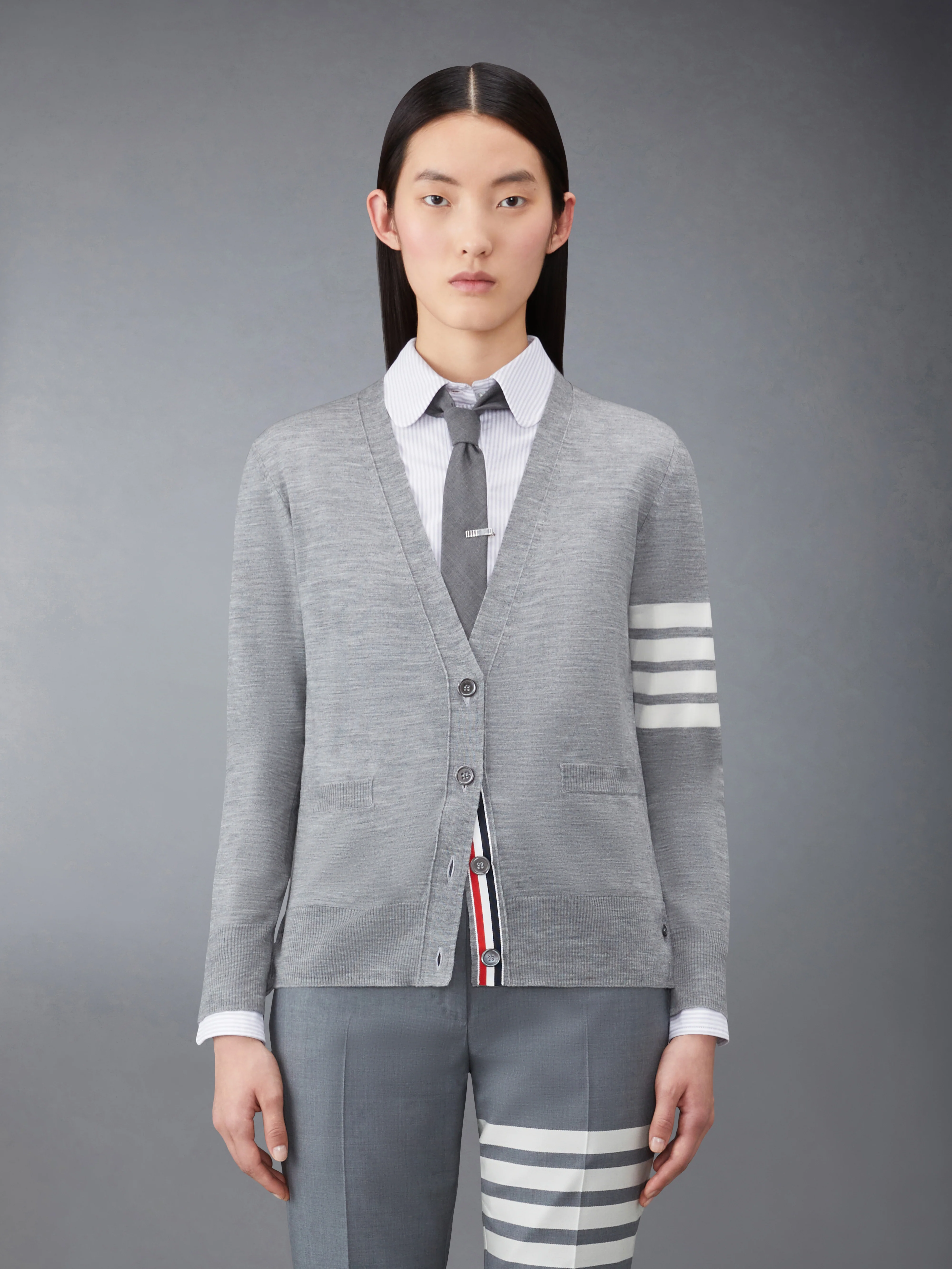 MERINO WOOL 4-BAR RELAXED FIT V-NECK CARDIGAN