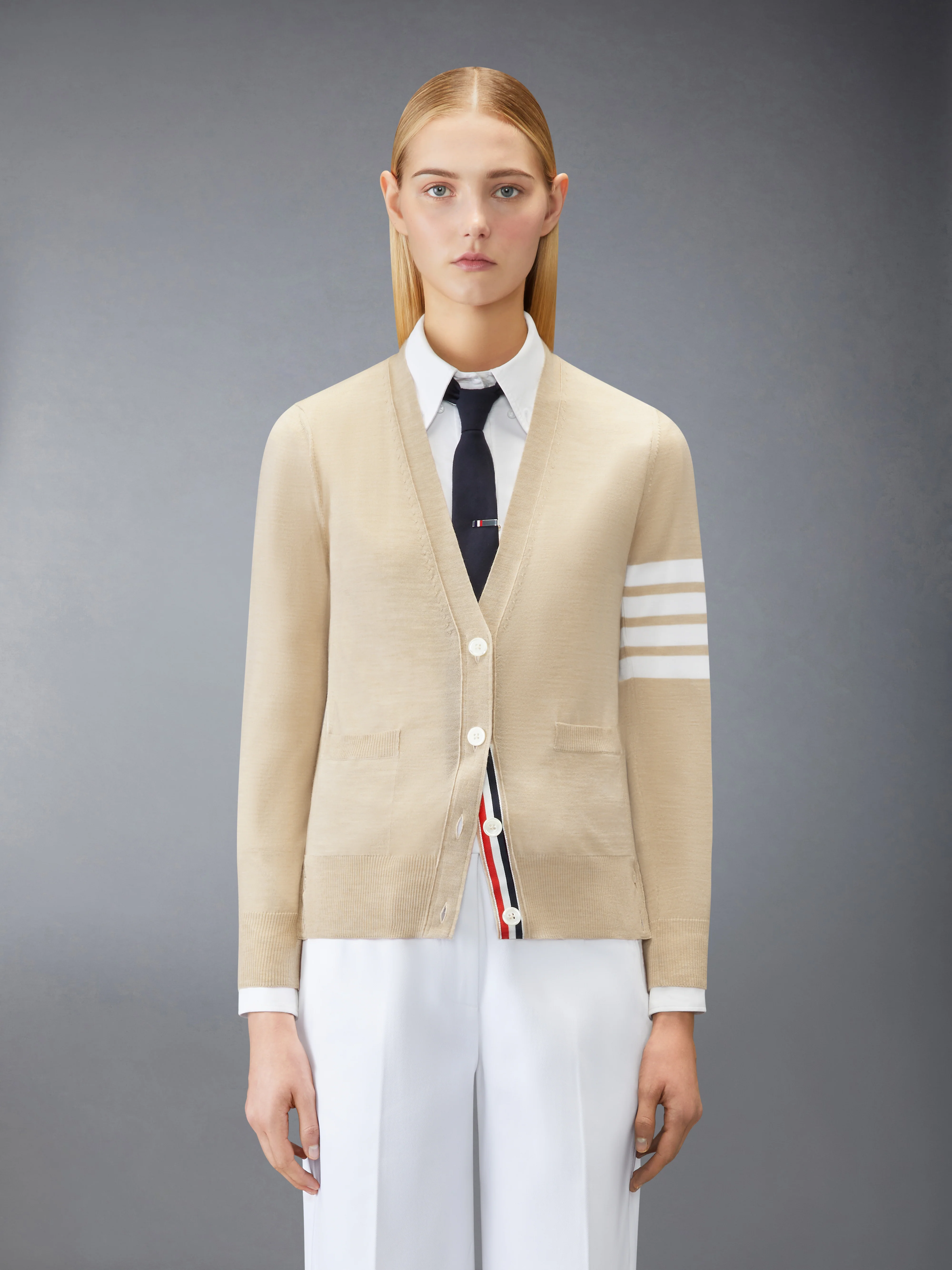 MERINO WOOL 4-BAR RELAXED FIT V-NECK CARDIGAN