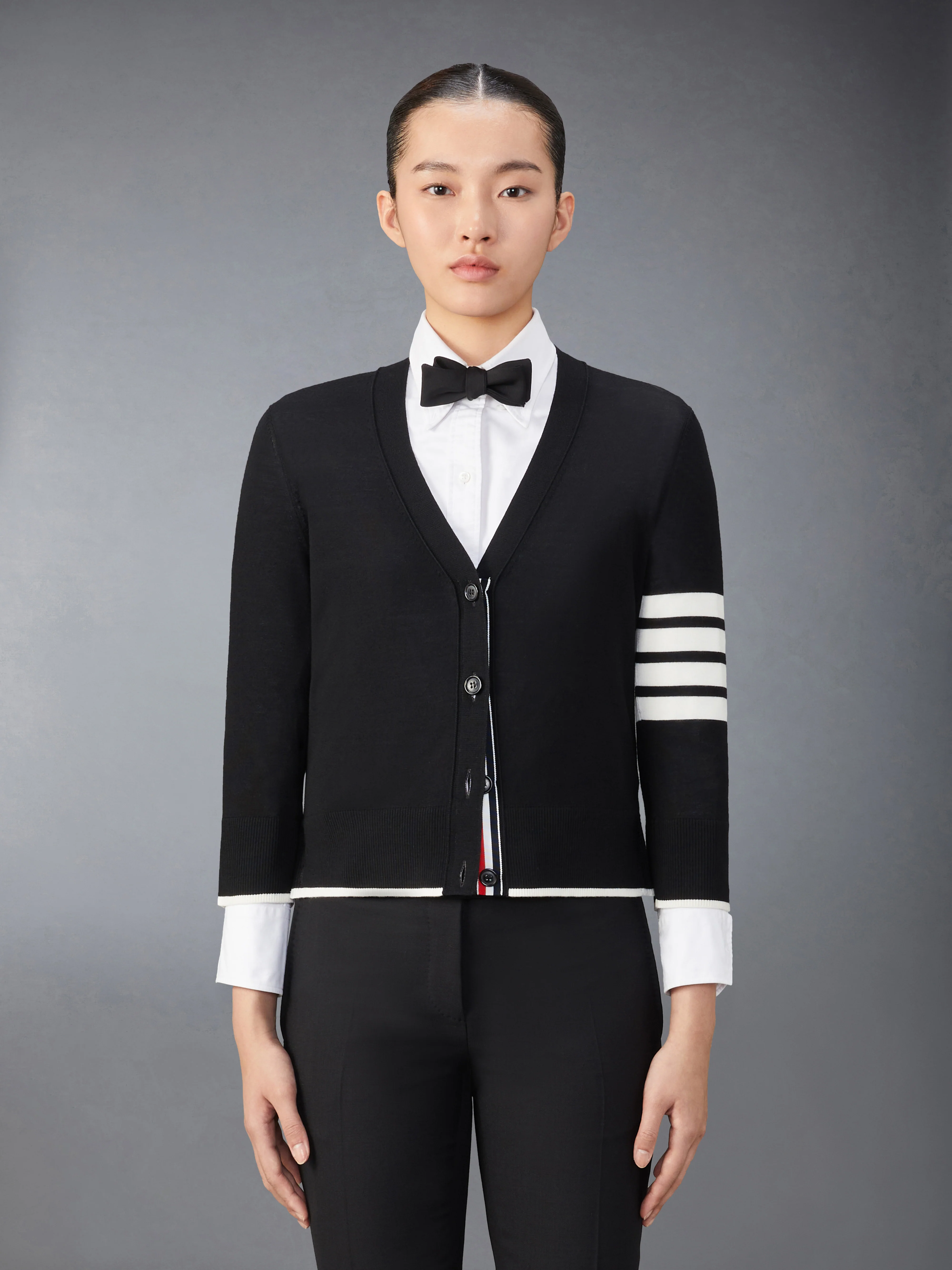 MERINO WOOL 4-BAR RELAXED FIT V-NECK CARDIGAN