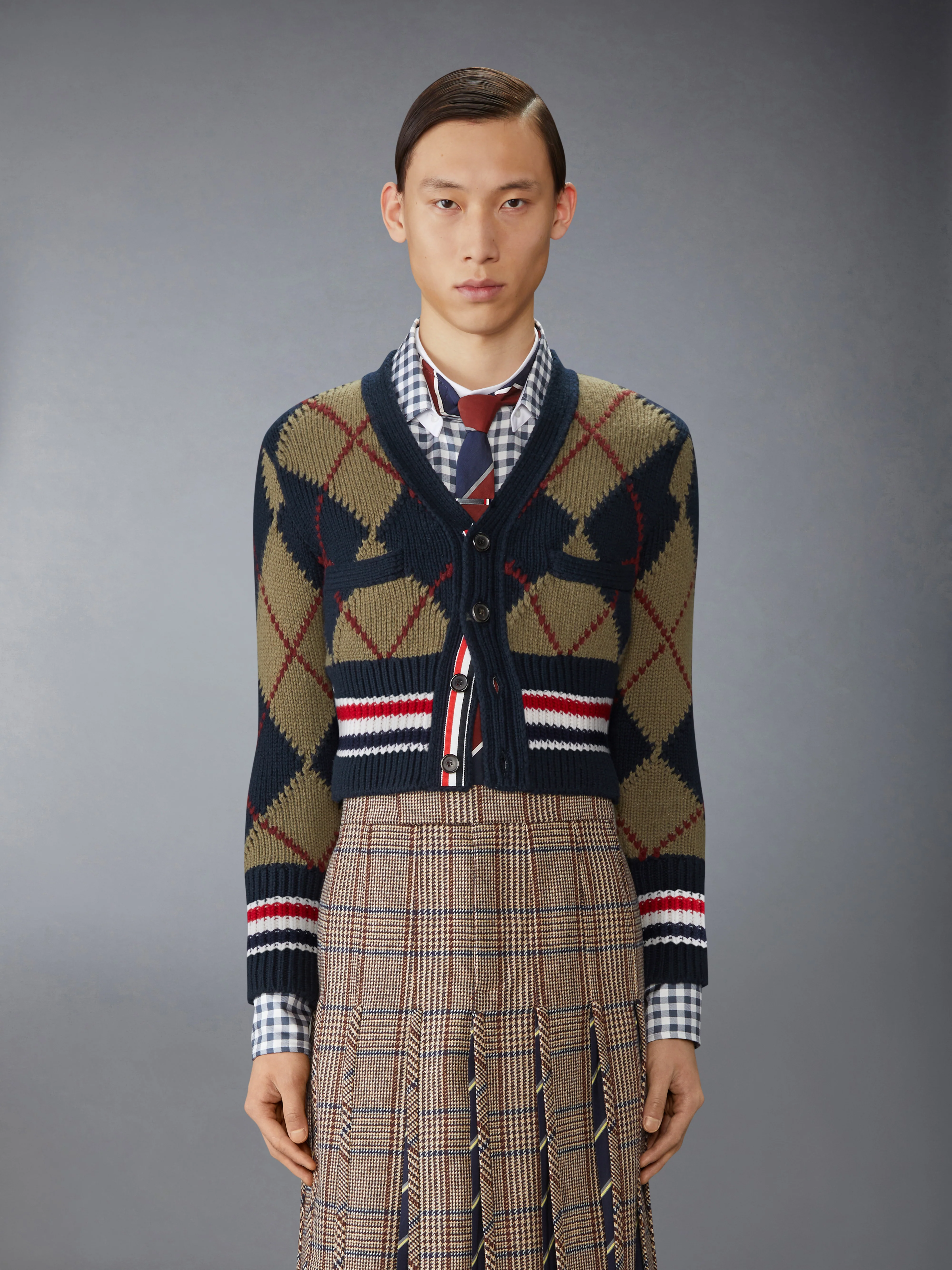 MERINO WOOL ARGYLE INTARSIA V NECK CARDIGAN