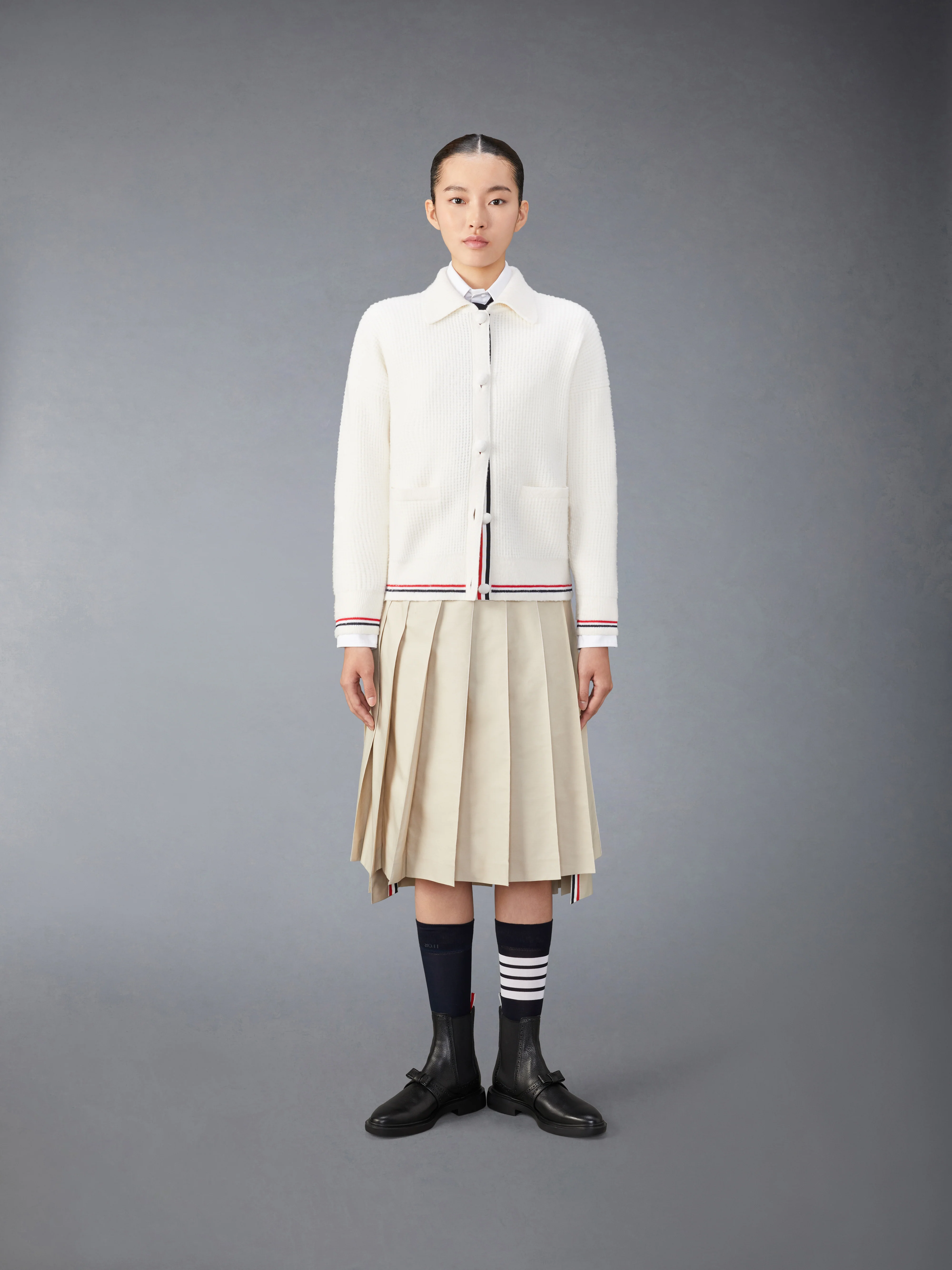 MERINO WOOL BRUSHED TUCK STITCH POLO CARDIGAN - Image 3