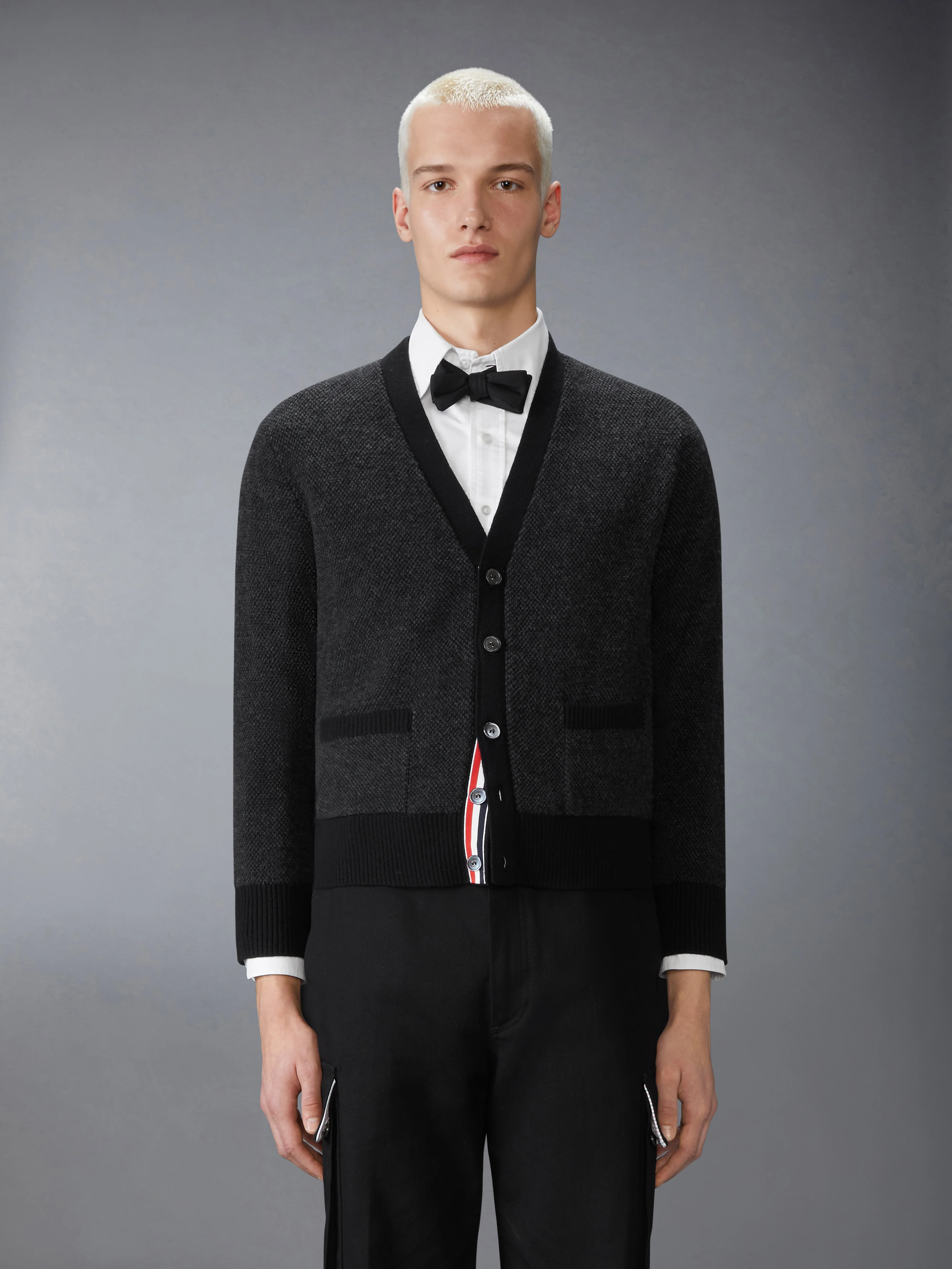 MERINO WOOL INTARSIA V NECK CARDIGAN