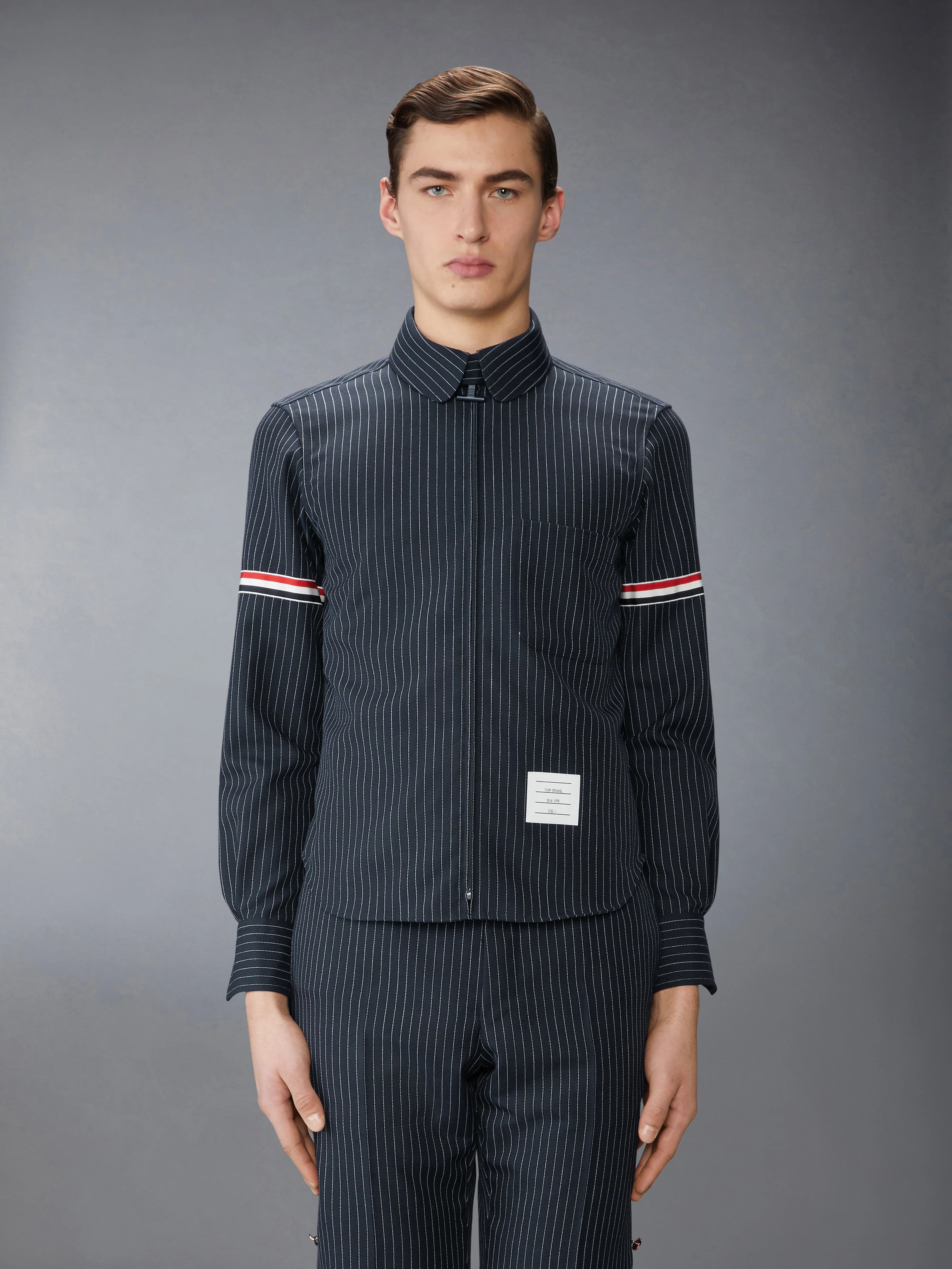 PINSTRIPE HIGH TWIST WOOL ZIP UP SHIRT