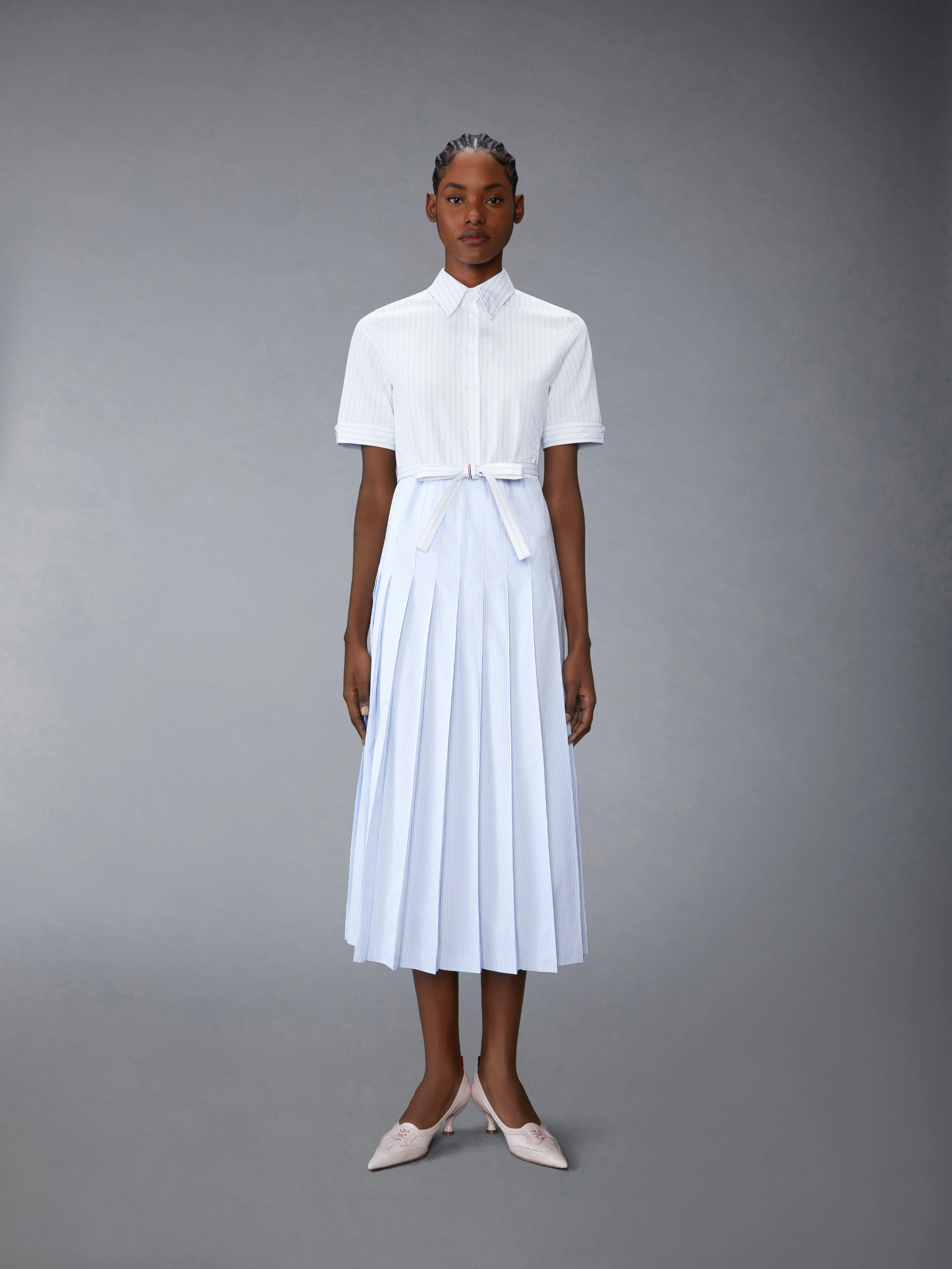 PINSTRIPE POPLIN BELTED PLEATED SHIRTDRESS