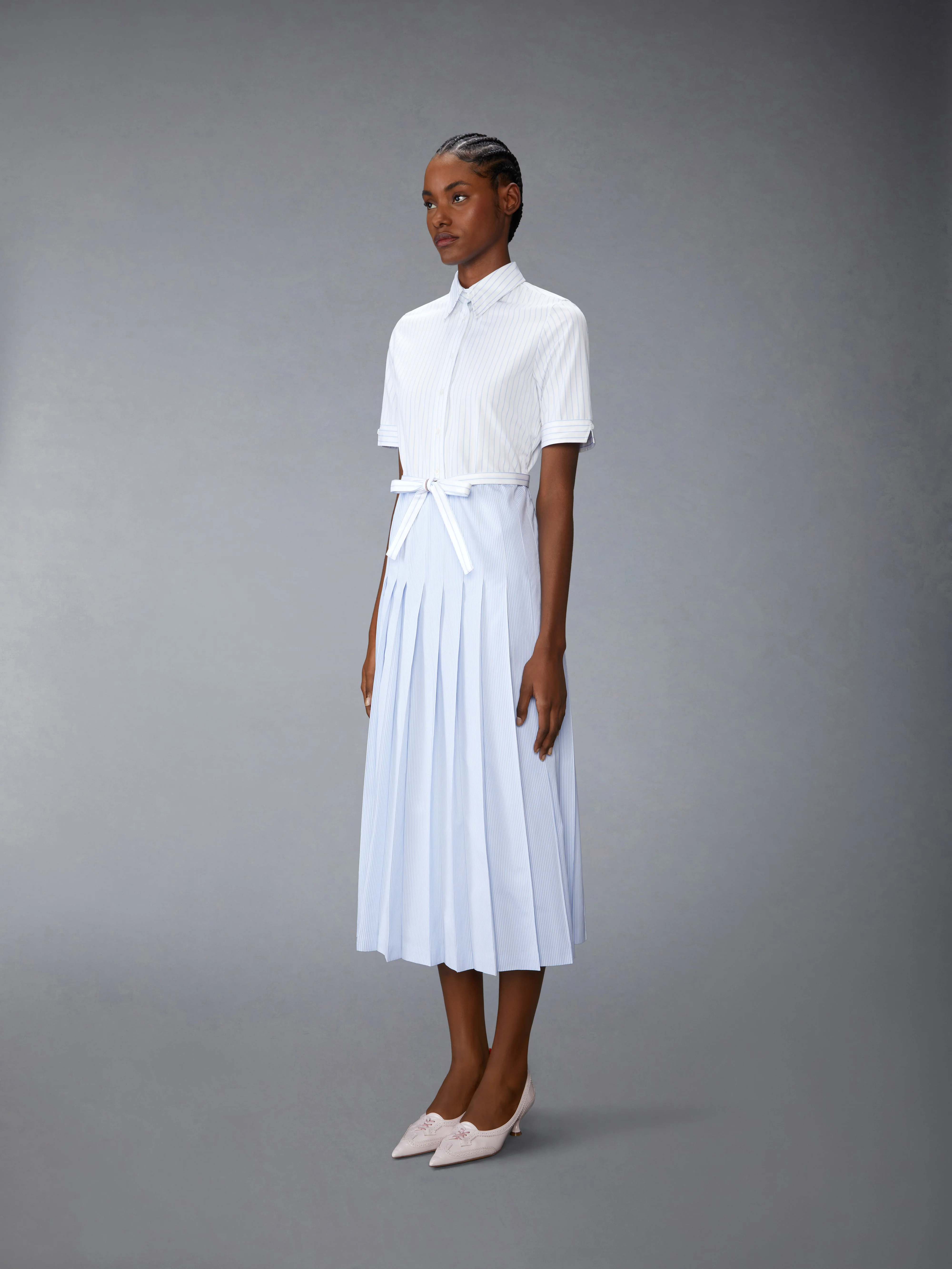 PINSTRIPE POPLIN BELTED PLEATED SHIRTDRESS - Image 2