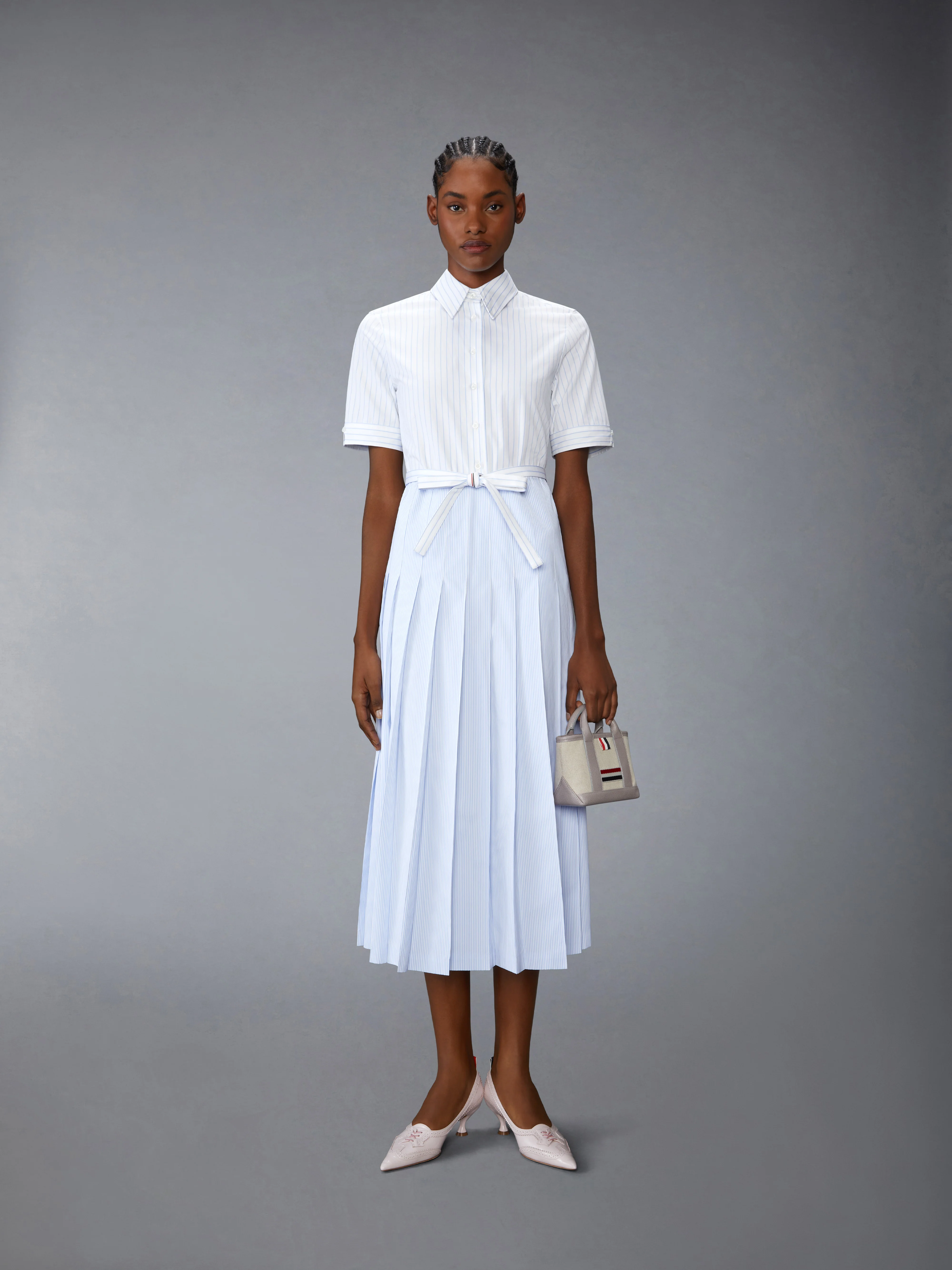 PINSTRIPE POPLIN BELTED PLEATED SHIRTDRESS - Image 4