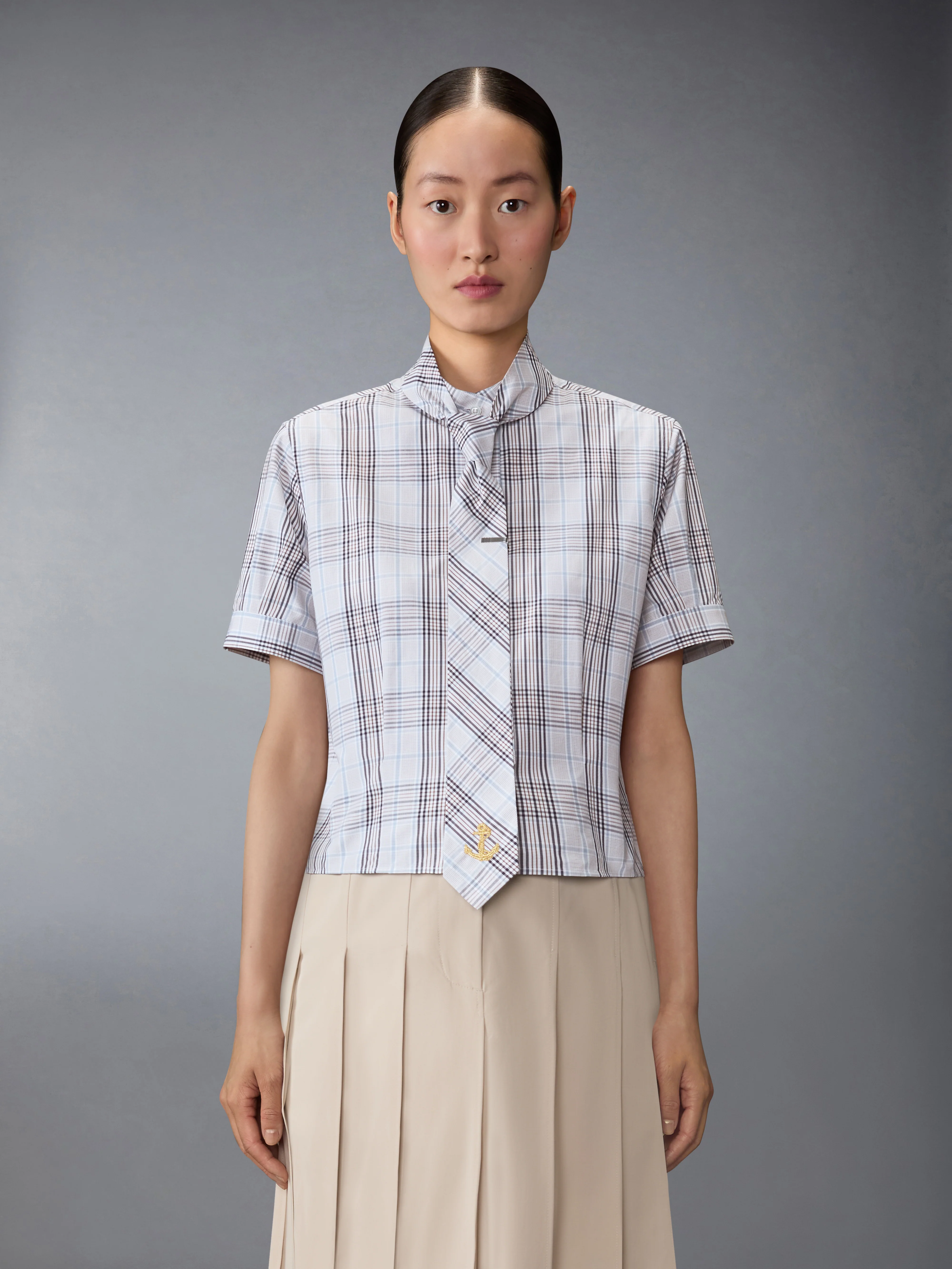 PLAID CHECK POPLIN TIE COLLAR BLOUSE