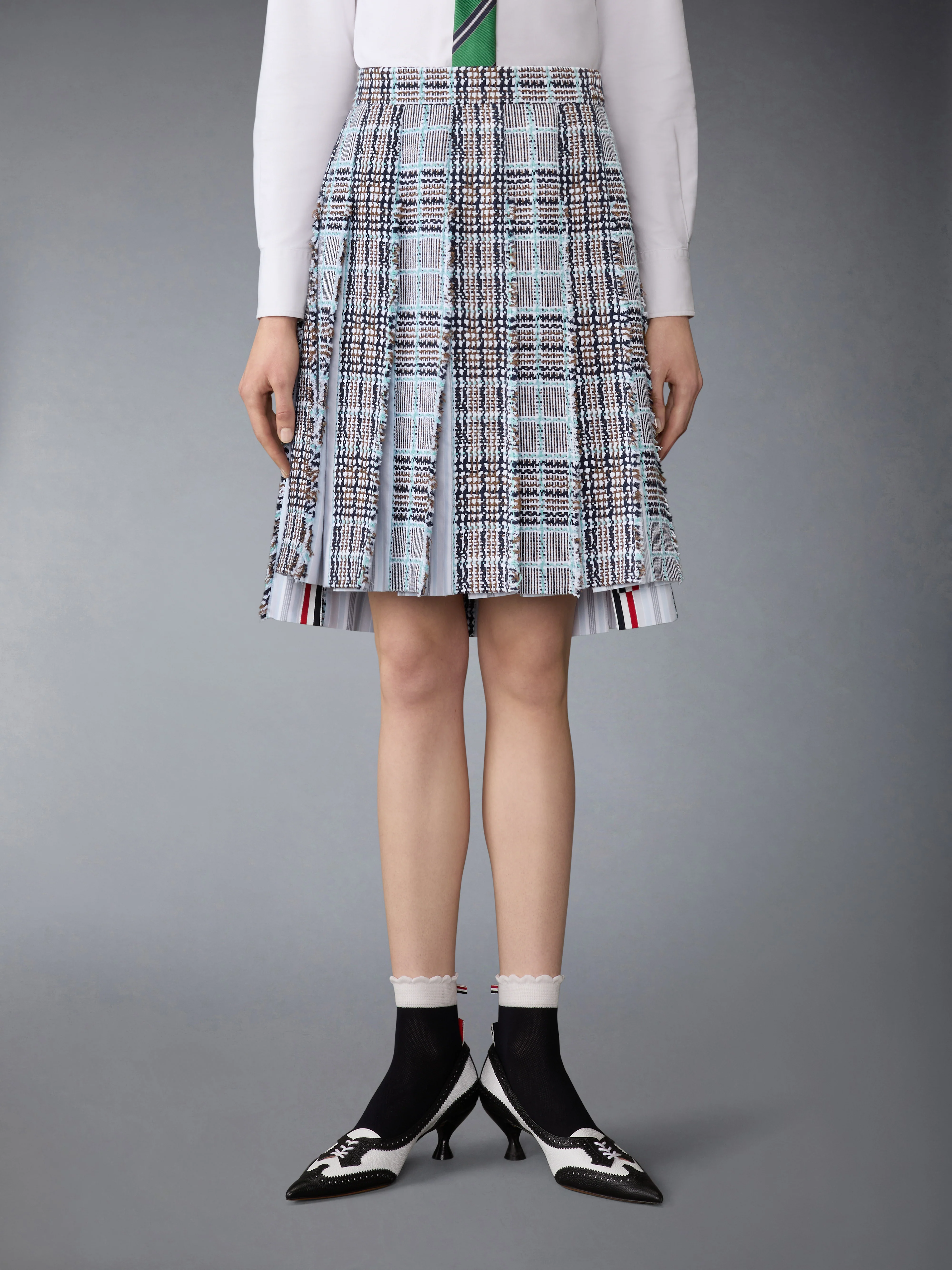 PLAID CHECK SUMMER TWEED FRAYED PLEATED SKIRT