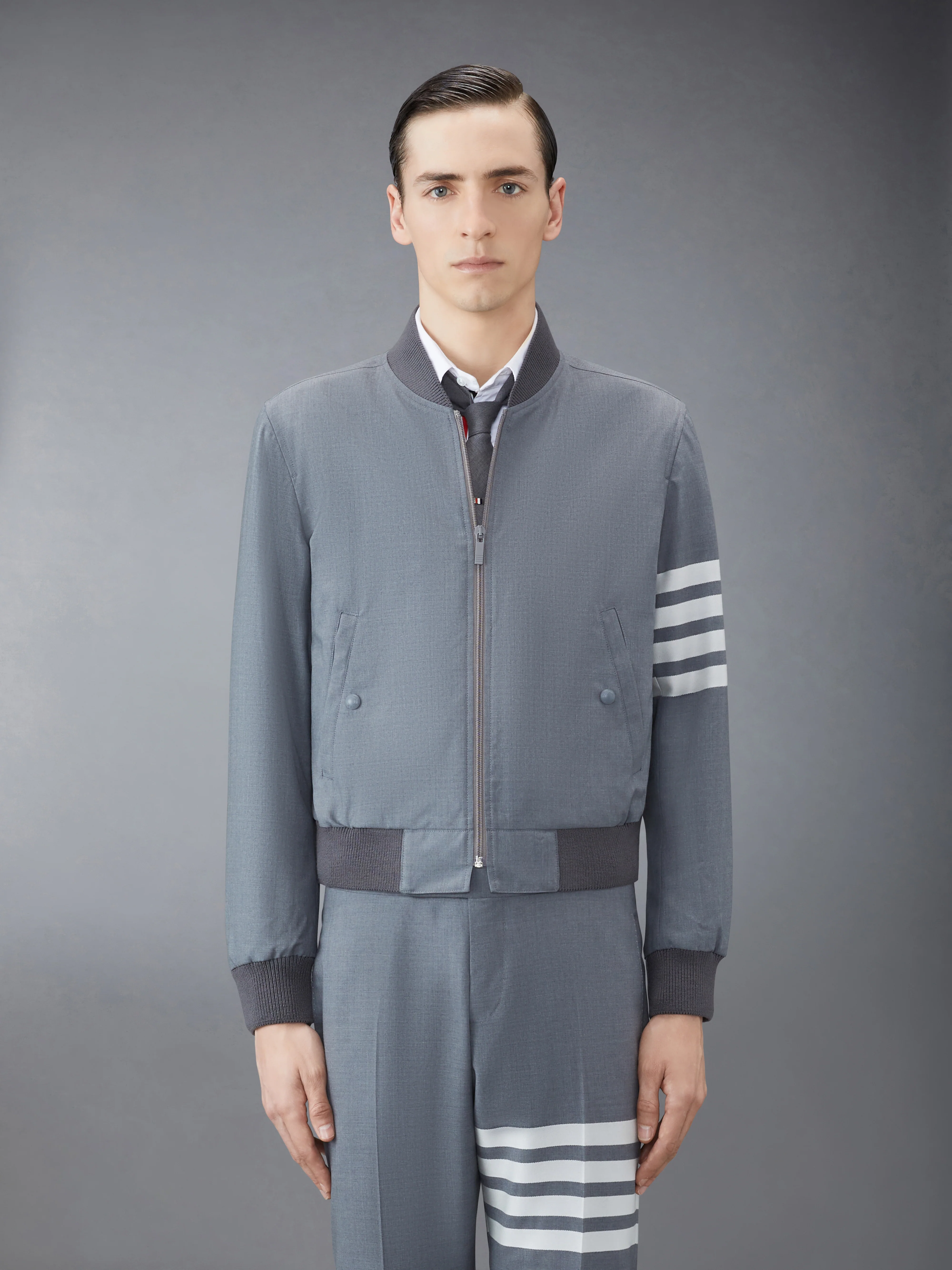 PLAIN WEAVE 4-BAR KNIT RIB BLOUSON JACKET