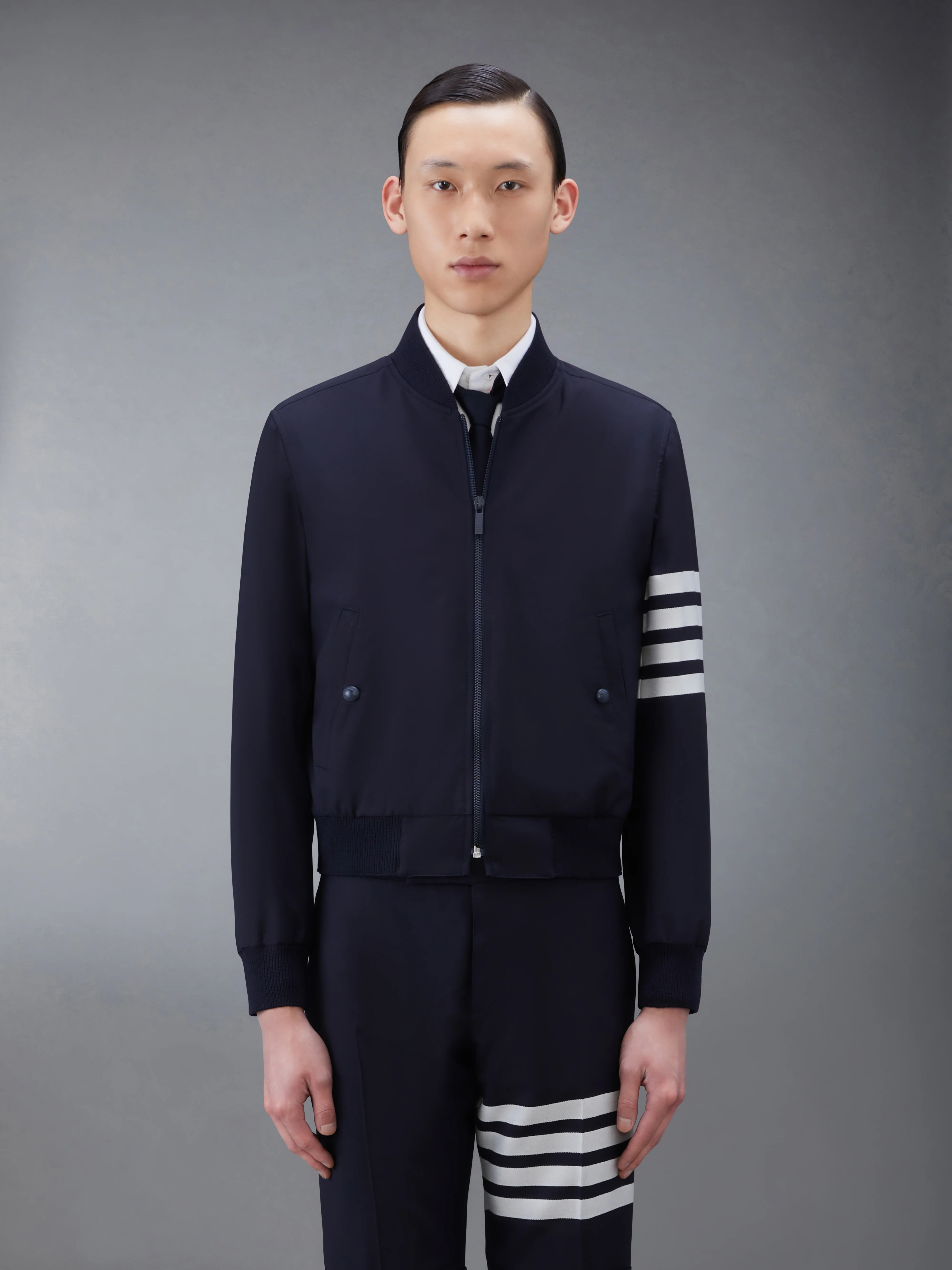 PLAIN WEAVE 4-BAR KNIT RIB BLOUSON JACKET