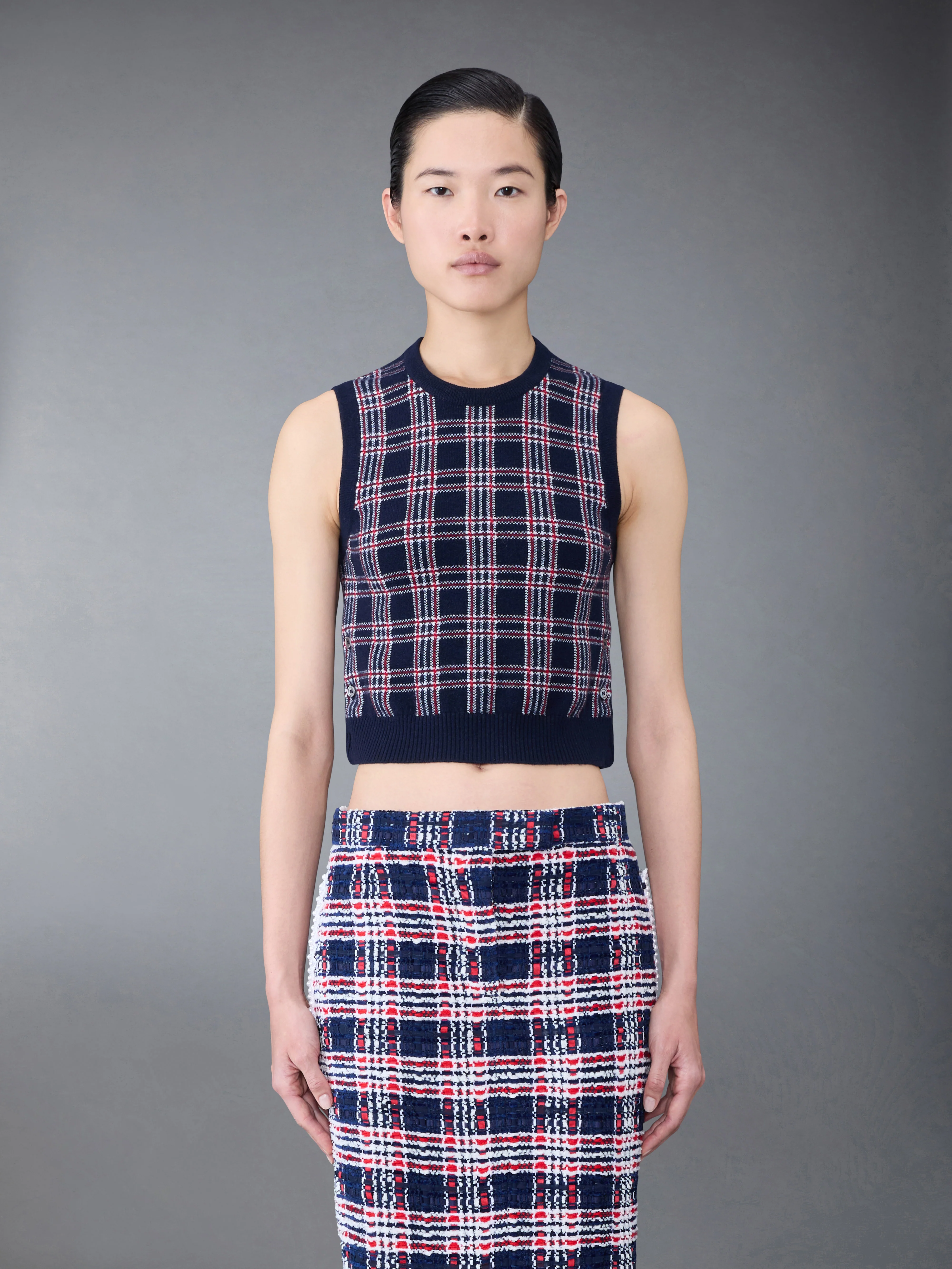 Prince of Wales Cashmere Cropped Crew Neck Shell Top