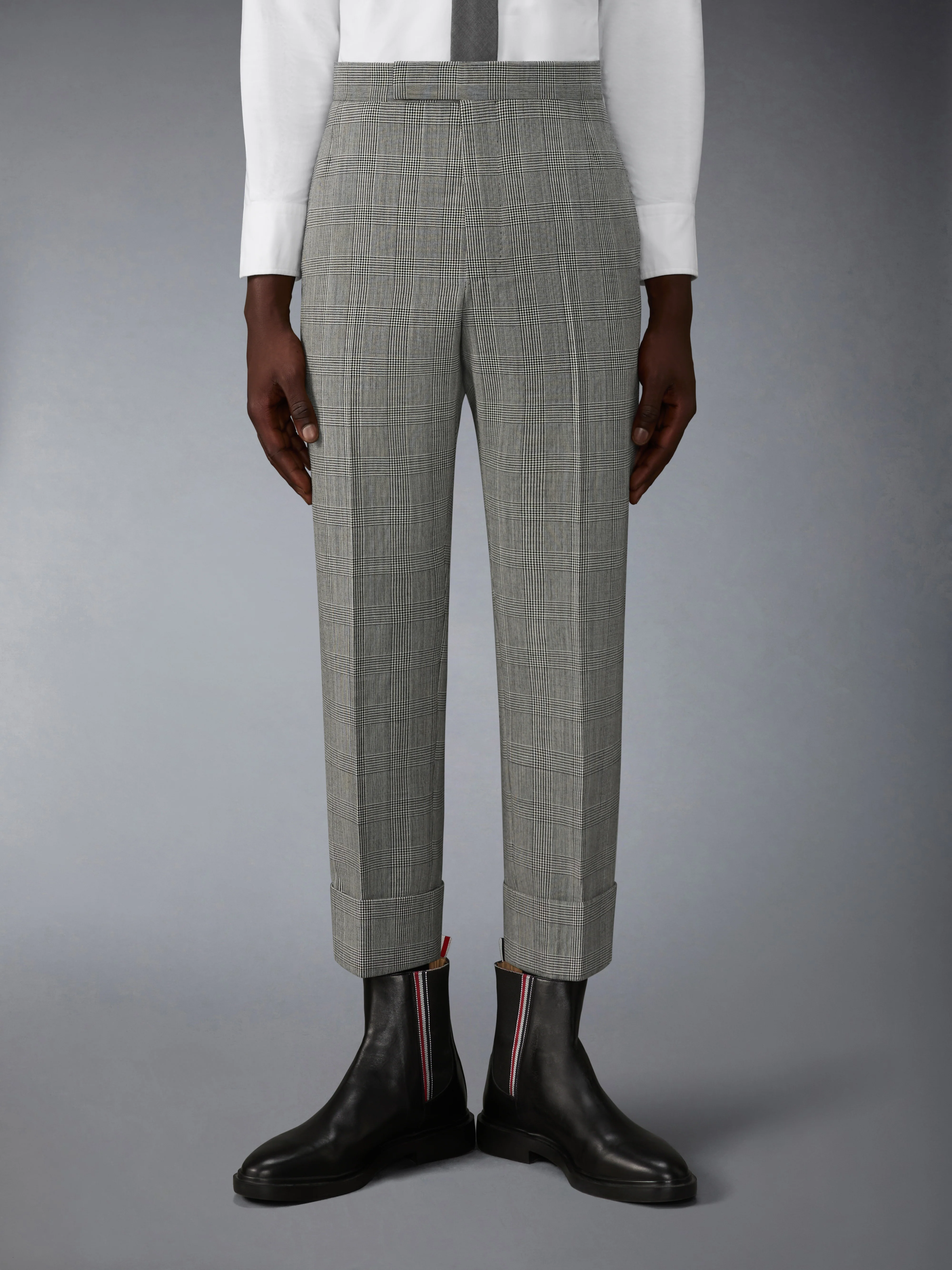 PRINCE OF WALES FRESCO WOOL BACKSTRAP TROUSER