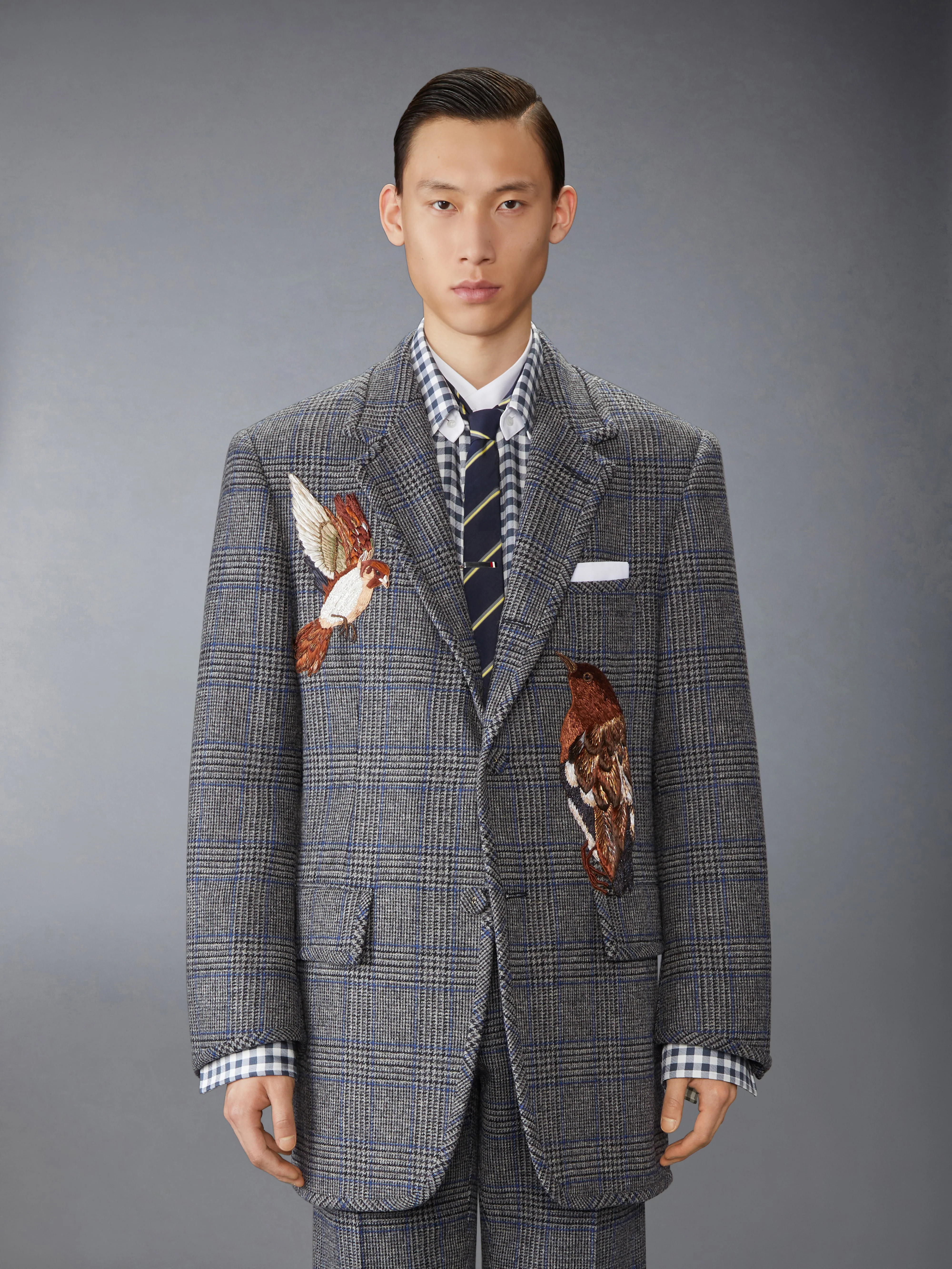 PRINCE OF WALES HUNTING TWEED BIRD APPLIQUE OVERSIZED JACKET