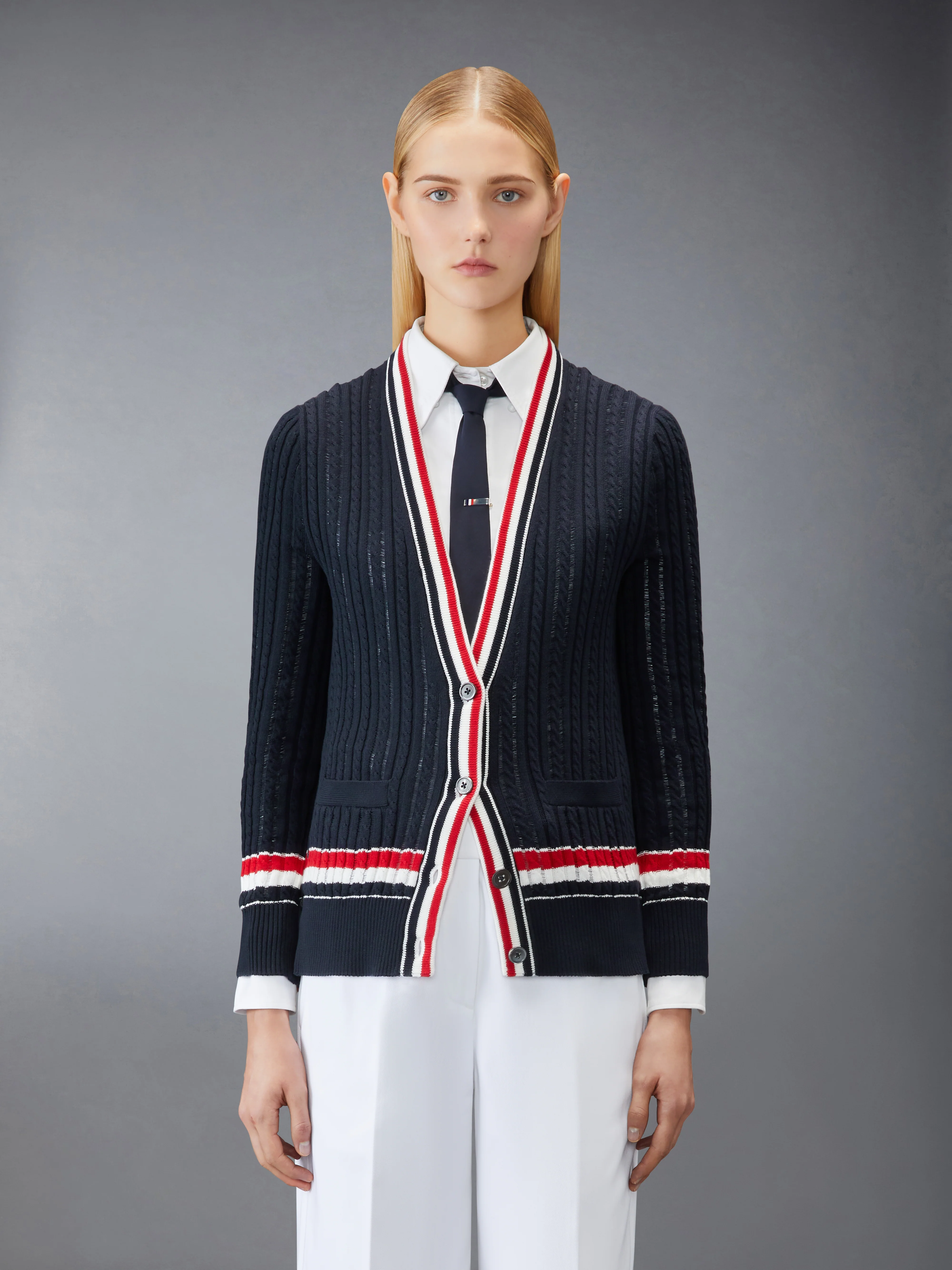 RWB STRIPE BABY LADDER CABLE ELONGATED CARDIGAN