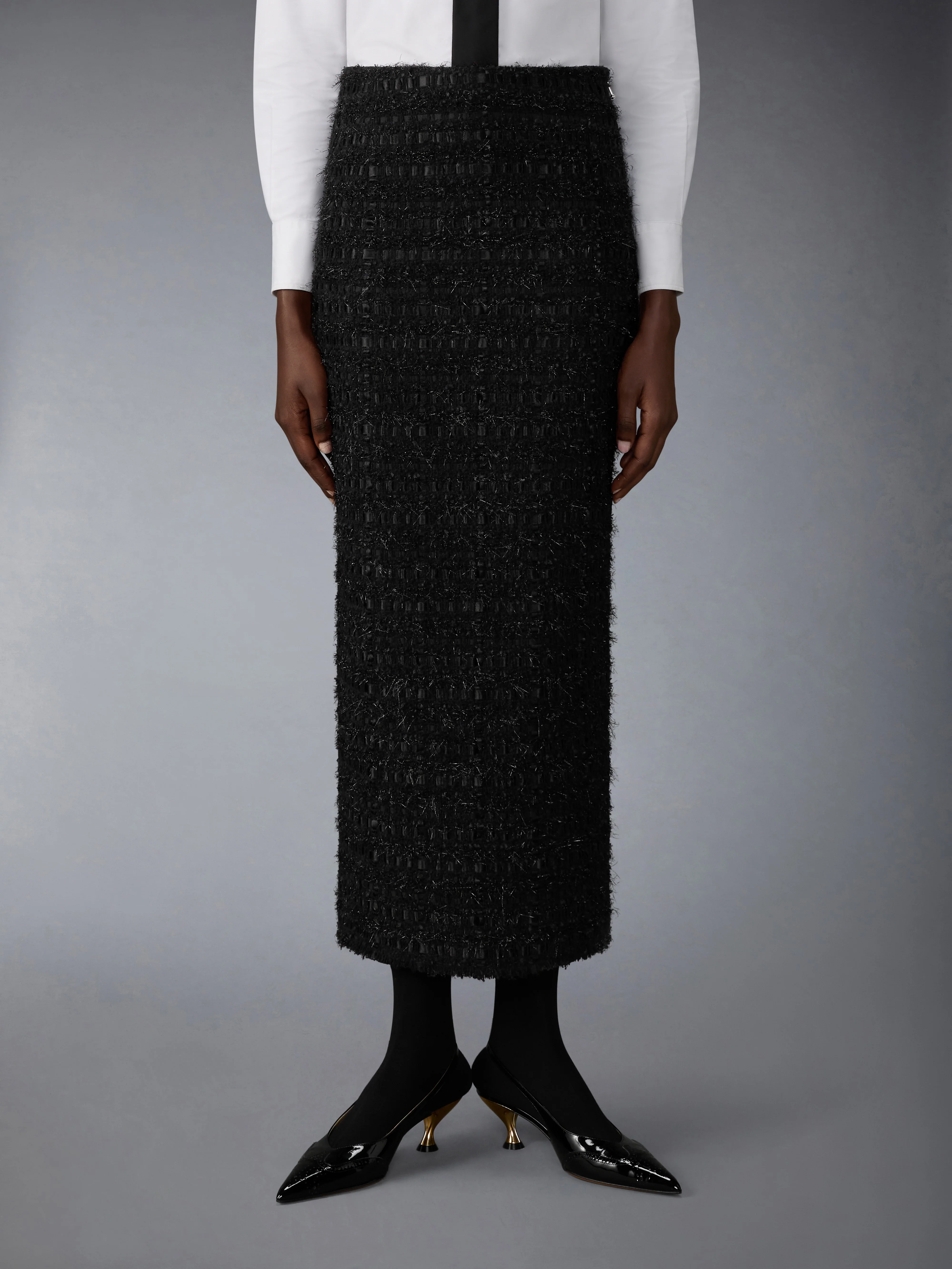SATIN RIBBON TWEED FRAYED HOBBLE SKIRT