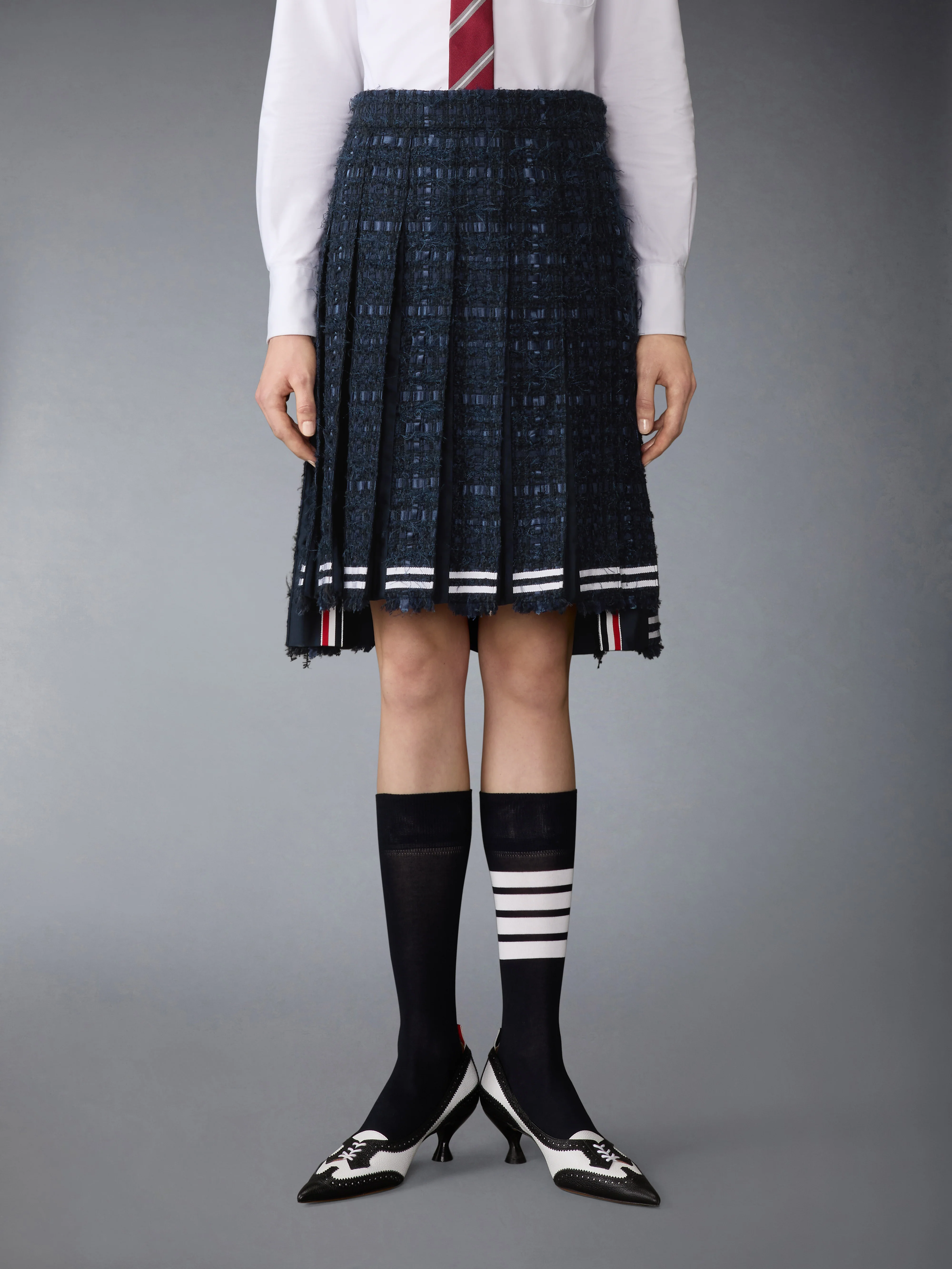 SATIN RIBBON TWEED FRAYED PLEATED SKIRT